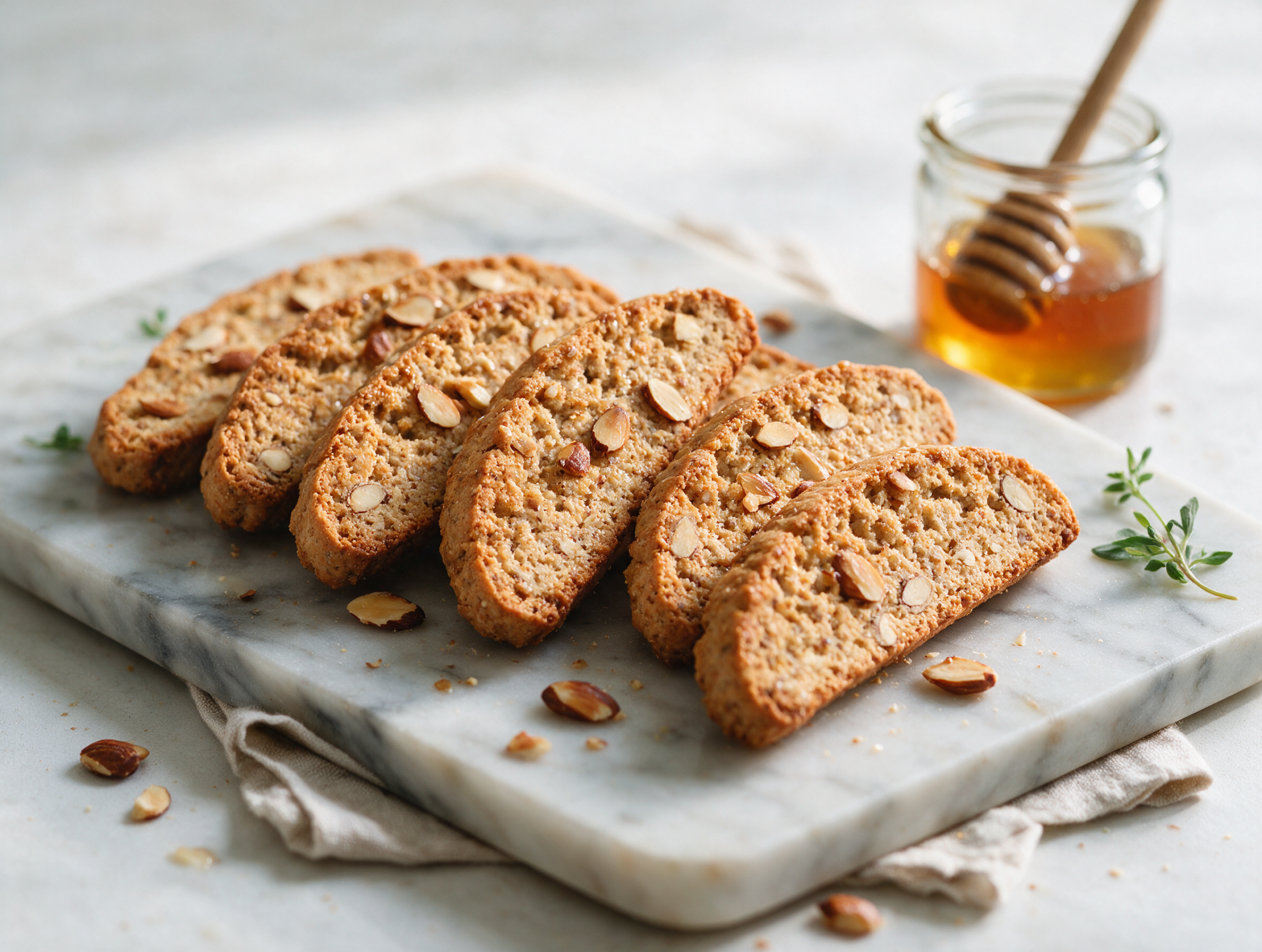 Sliced spelt honey almond biscotti fanned on a marble board with toasted almonds and a jar of honey nearby, morning light.