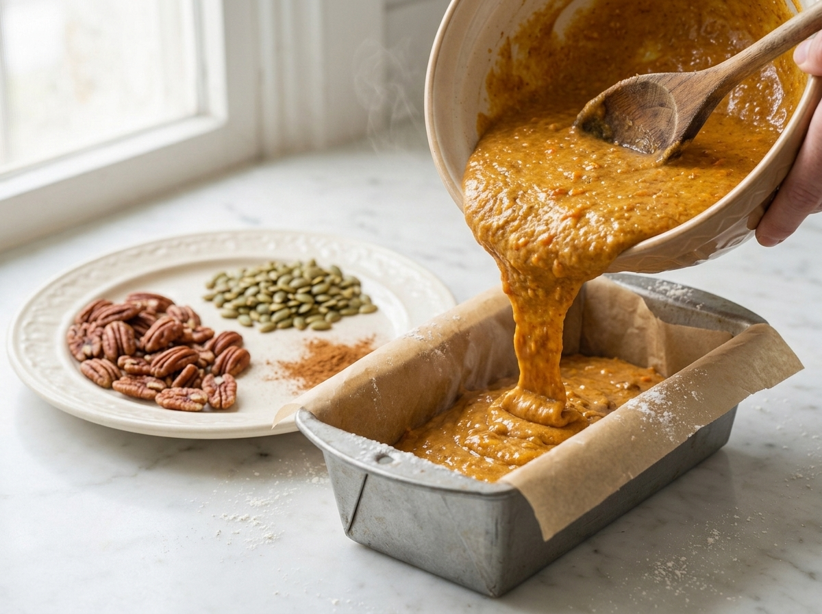 Pouring pumpkin batter into a parchment-lined loaf pan beside a bowl with a wooden spoon and scattered cinnamon.