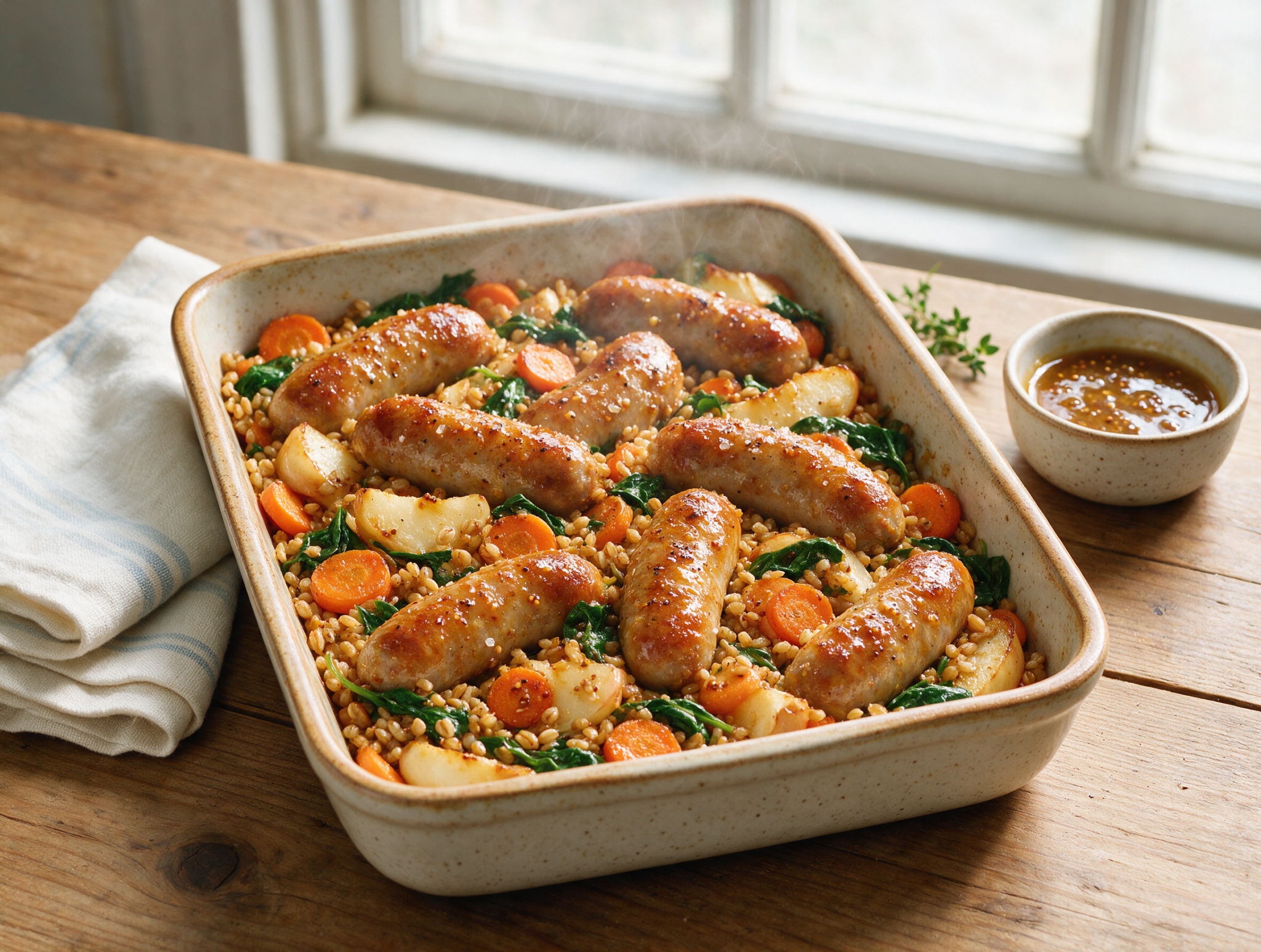 Overhead shot of a roasting dish with glazed sausages, tender spelt, roasted carrots and wilted spinach, steam rising