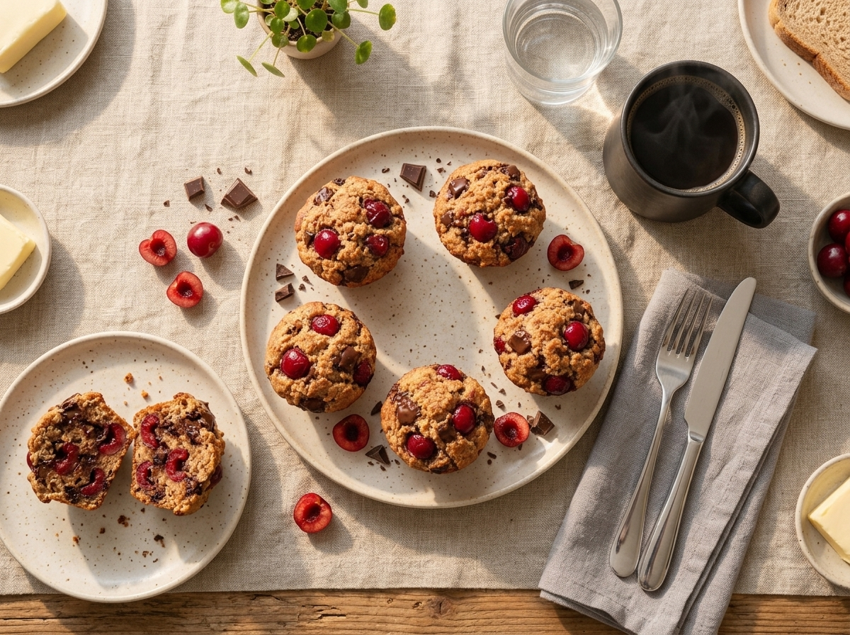 Linen-covered breakfast table with a split spelt cherry chocolate muffin, a mug of coffee, and scattered cherries in soft light