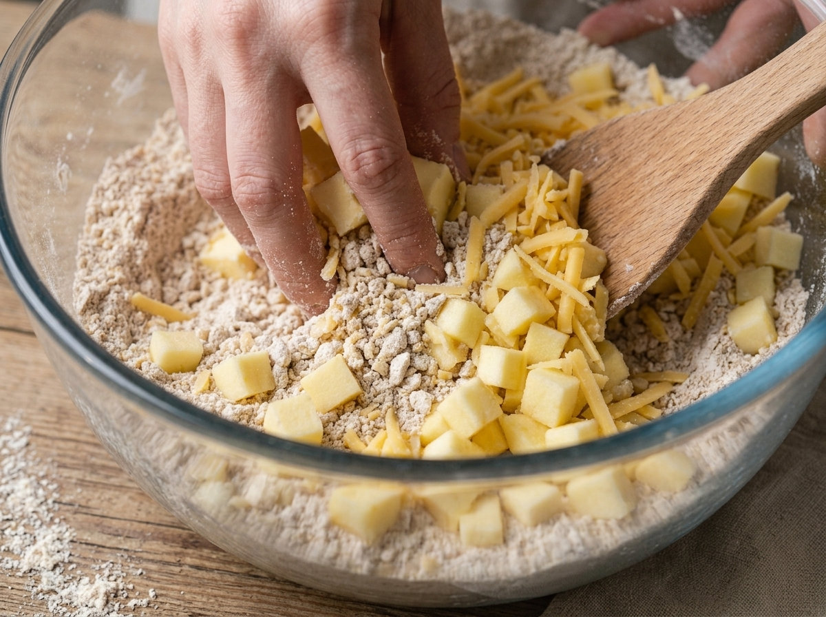 Hands rubbing cold butter into spelt flour in a glass bowl with grated cheddar and diced apple set aside in small dishes.