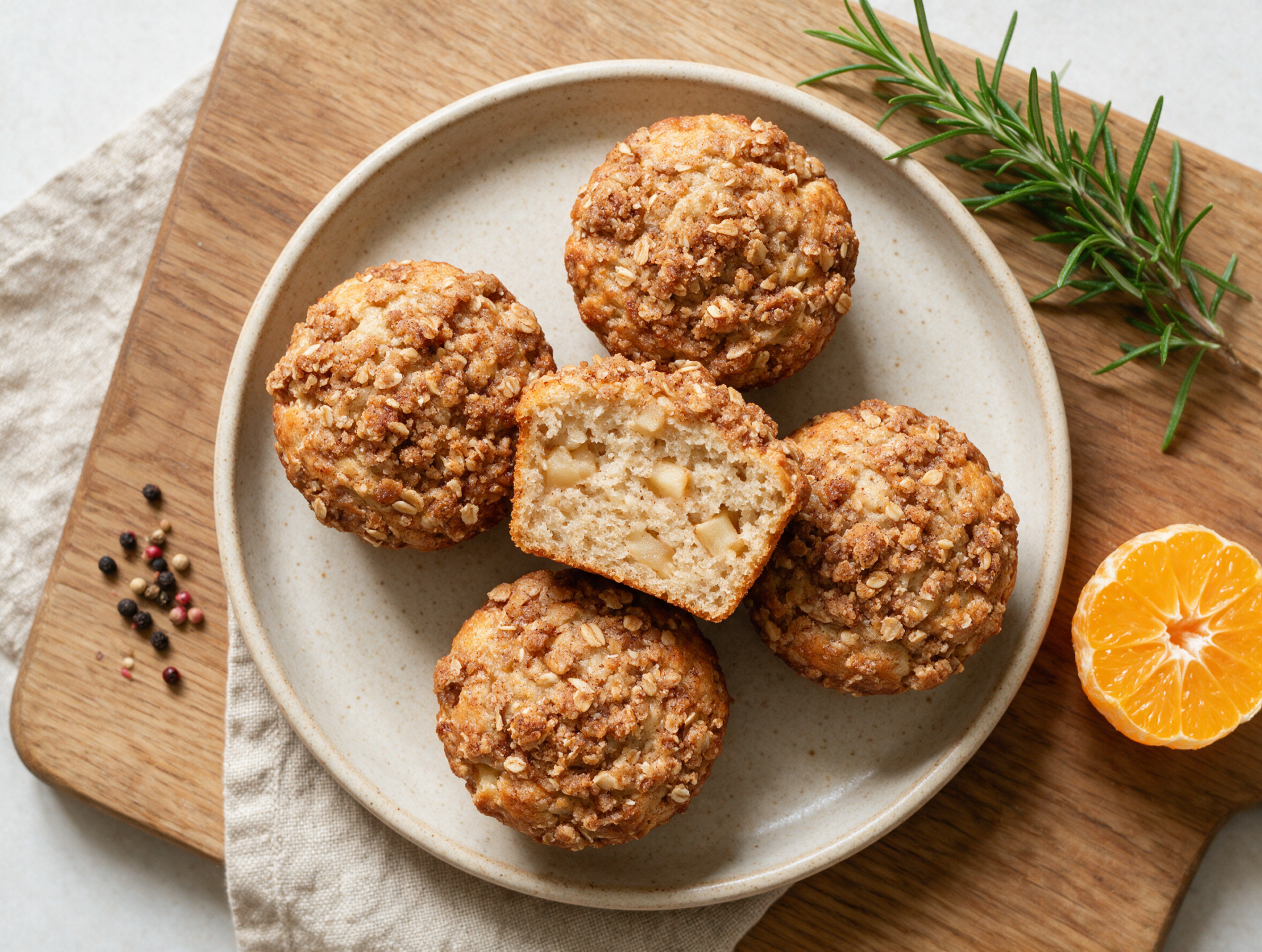 Overhead view of golden spelt apple pie muffins with cinnamon crumble on a wire rack, apple pieces visible