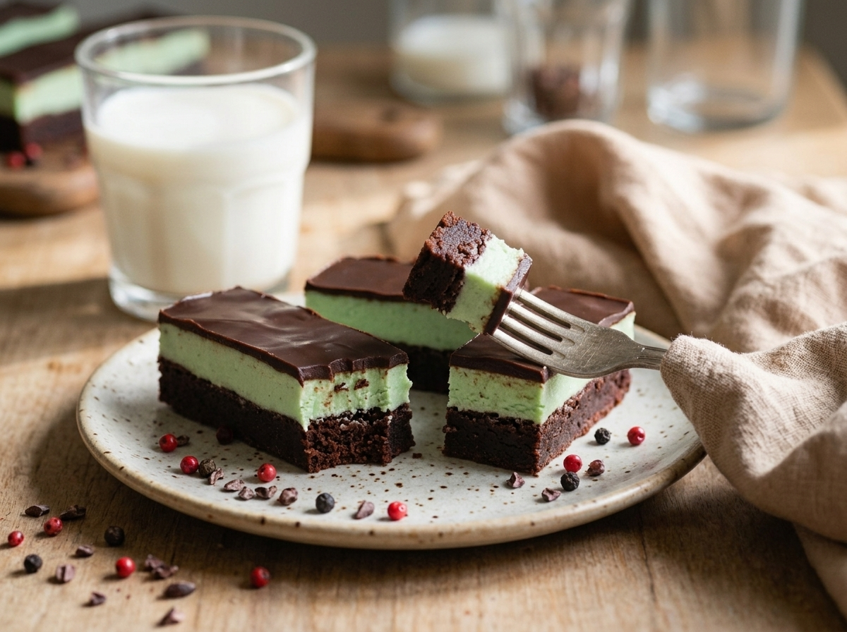 Two brownie bars on a small plate beside a glass of milk and a linen napkin on a kitchen table