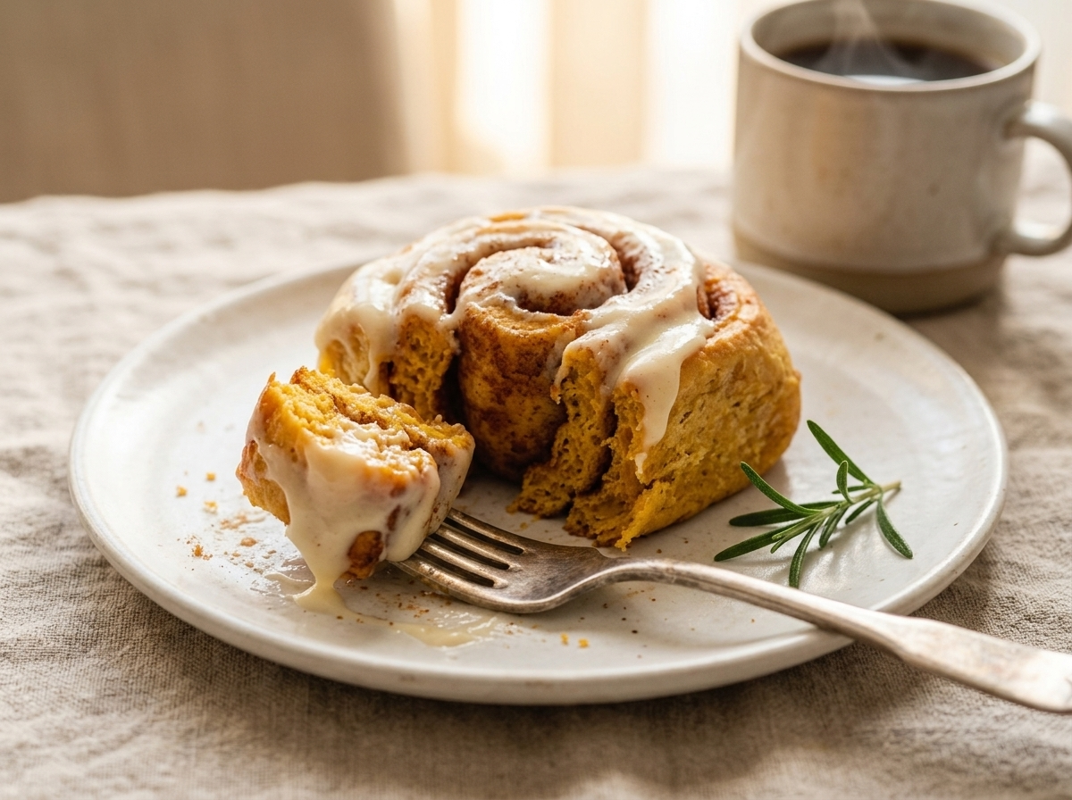 A plate with one warm cinnamon roll, fork resting beside it, coffee cup and linen napkin on a wooden table.