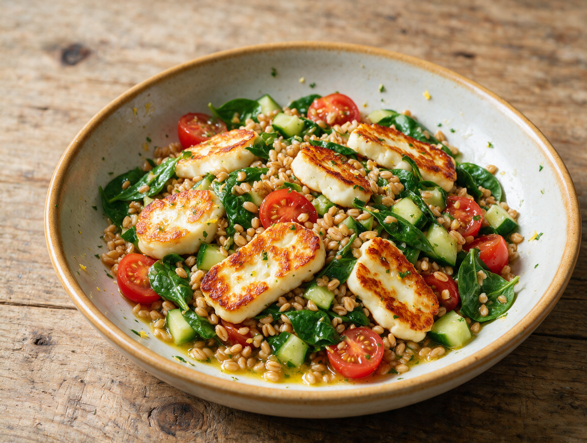Overhead view of a halloumi spelt salad bowl with golden fried cheese, cherry tomatoes, and cucumber on a linen napkin