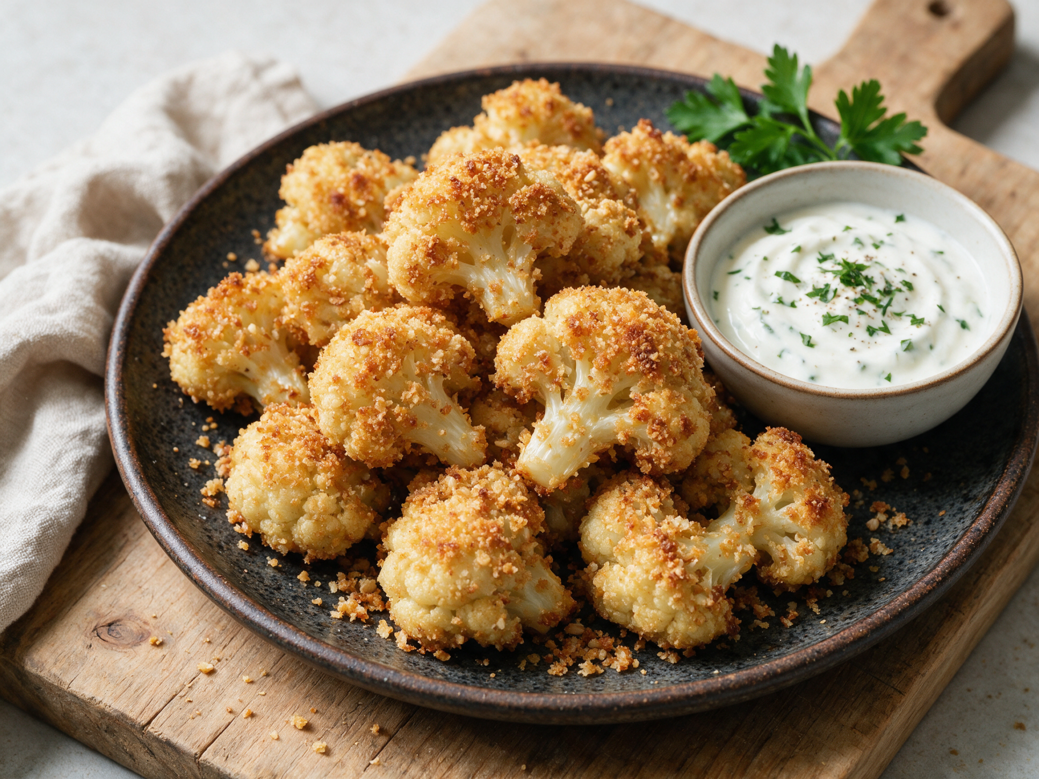 Golden spelt crispy cauliflower bites piled on a dark plate with a small bowl of yogurt dip and scattered crumbs