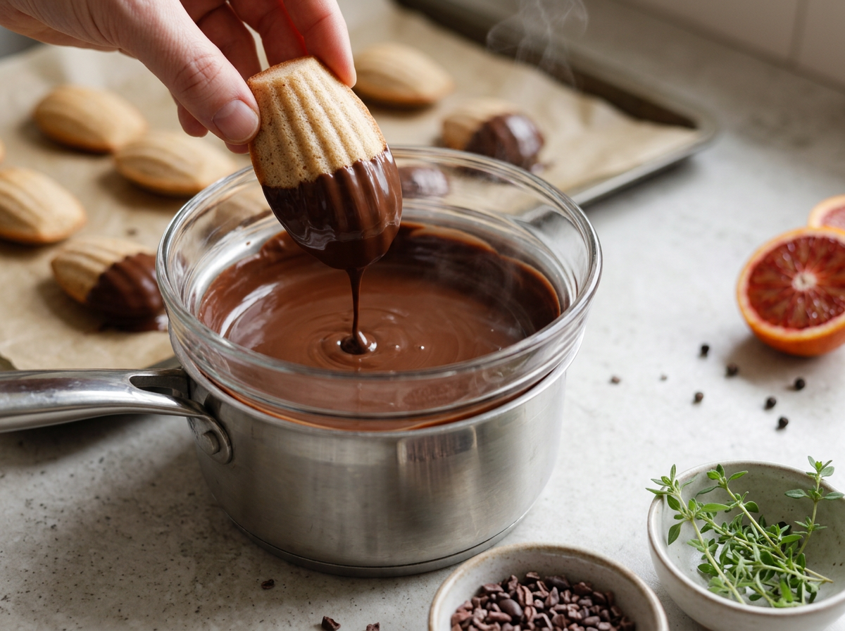 Melted dark chocolate in a glass bowl with a spelt madeleine half-dipped, chocolate dripping back into the bowl.
