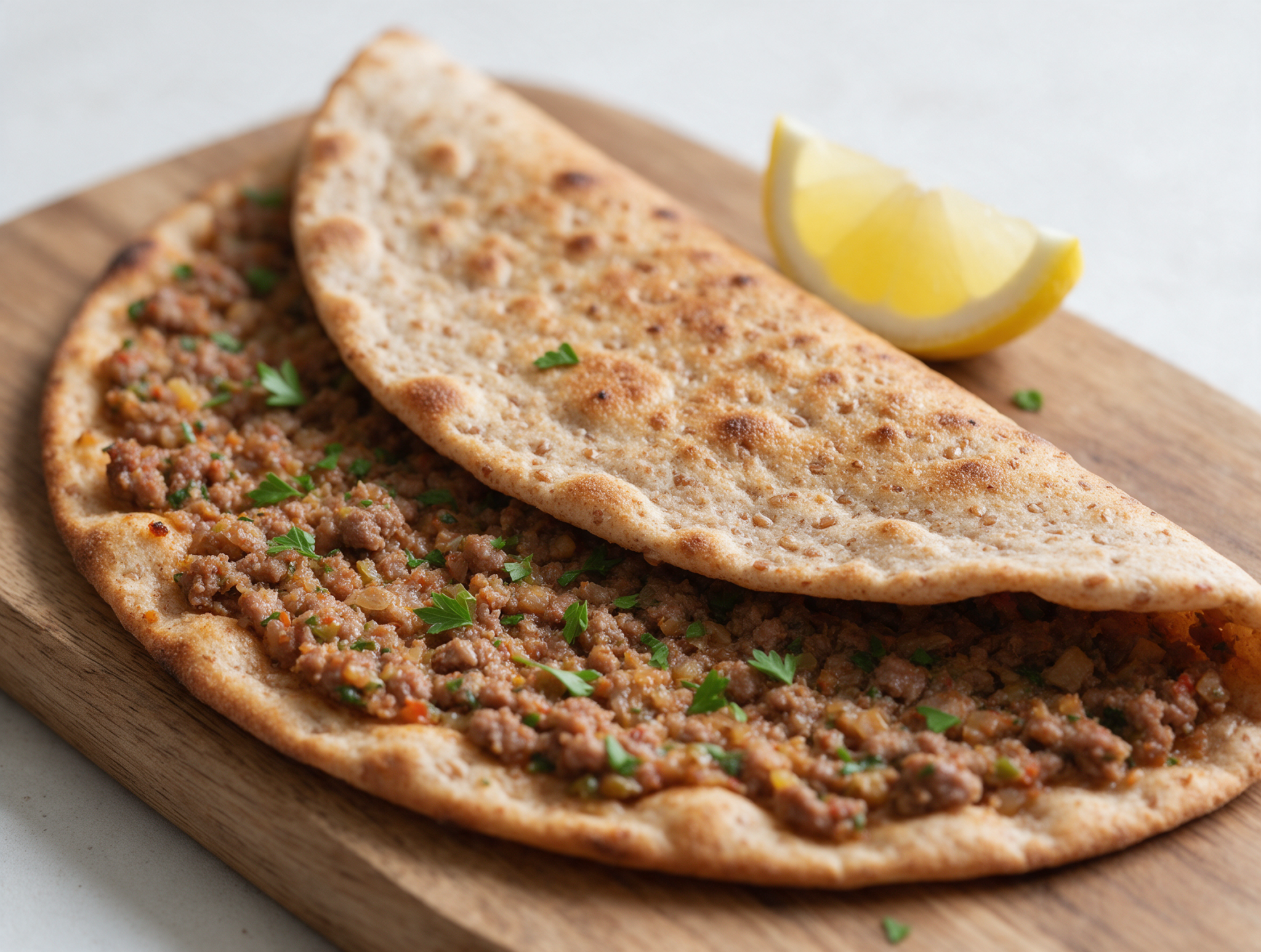 Golden spelt lahmacun folded in half on a wooden board, spiced lamb topping and parsley visible, soft daylight.