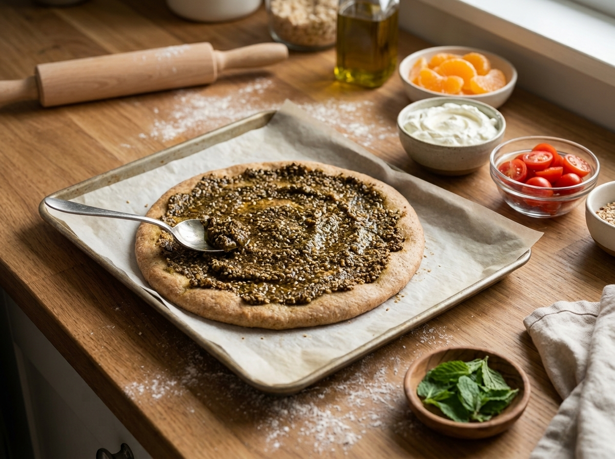 Hands spreading a thick za'atar and olive oil paste over rolled spelt dough rounds on a parchment-lined tray.