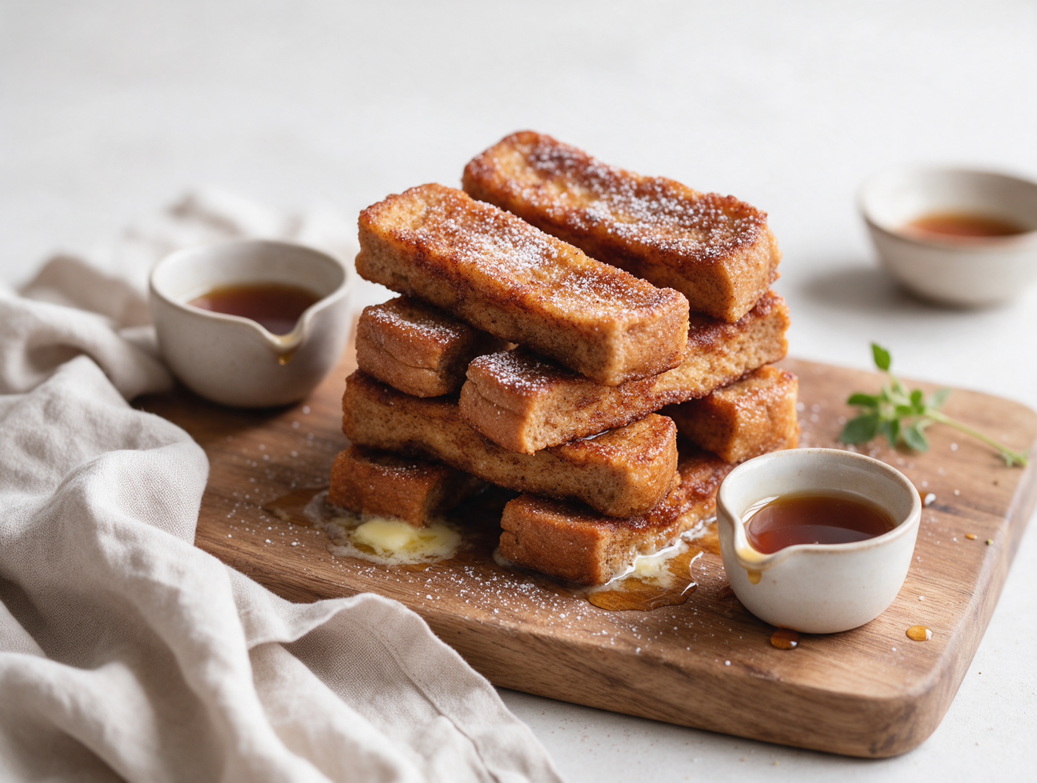 Golden cinnamon spelt French toast sticks stacked on a wooden board with powdered sugar and a small pitcher of maple syrup.