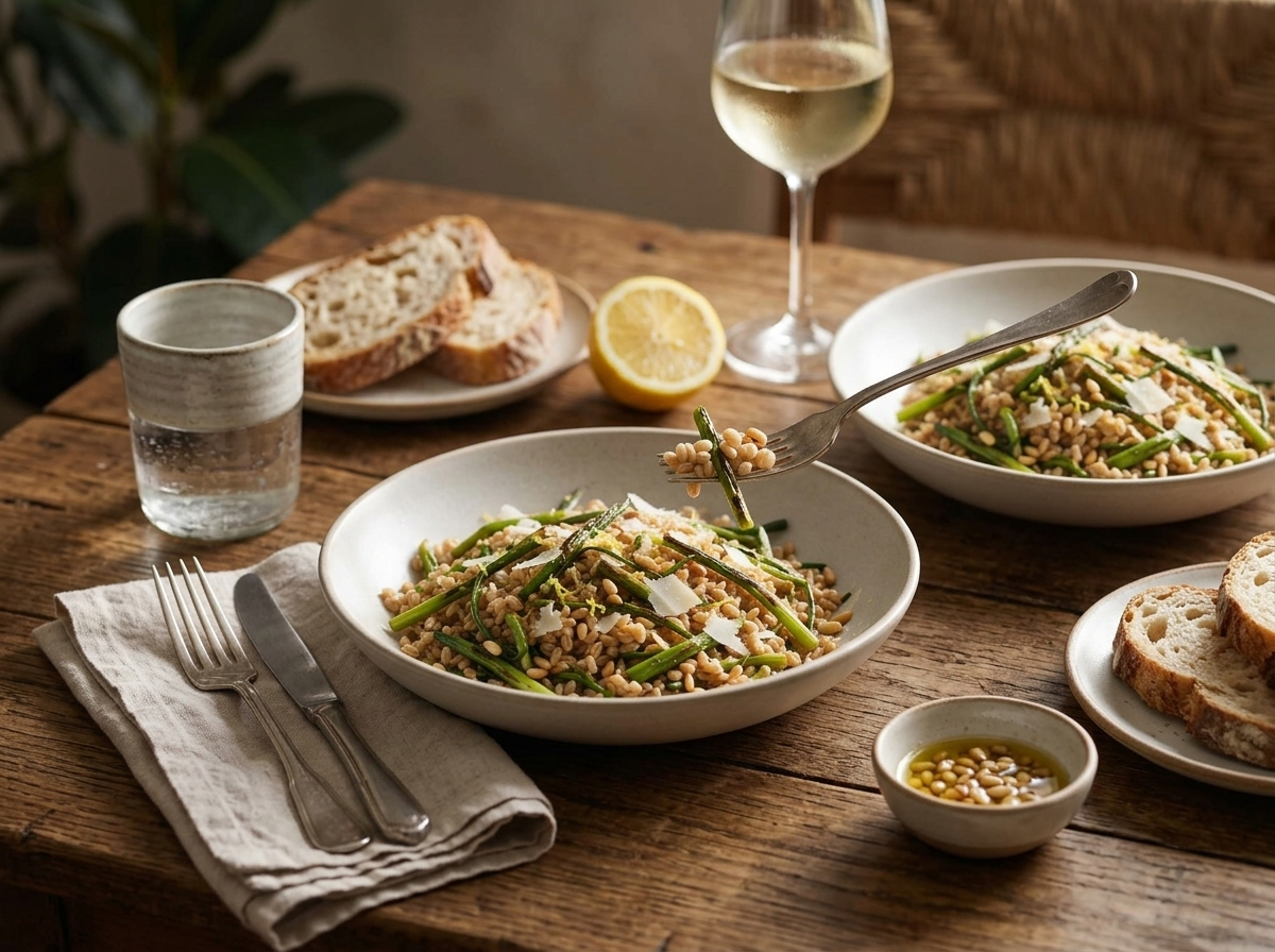 Two rustic bowls of lemony spelt pasta on a linen-topped table, with a glass of white wine and a lemon half nearby.