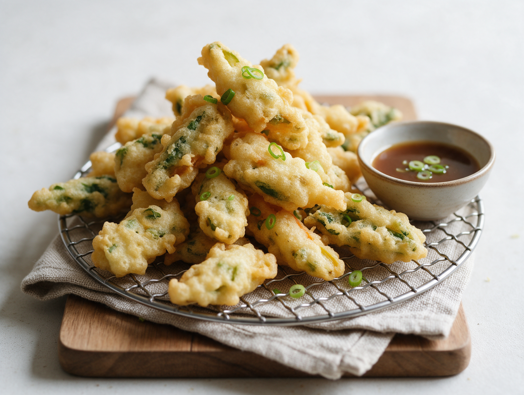 Golden spelt tempura vegetables piled on a wire rack with a small bowl of soy dipping sauce and sliced scallion.