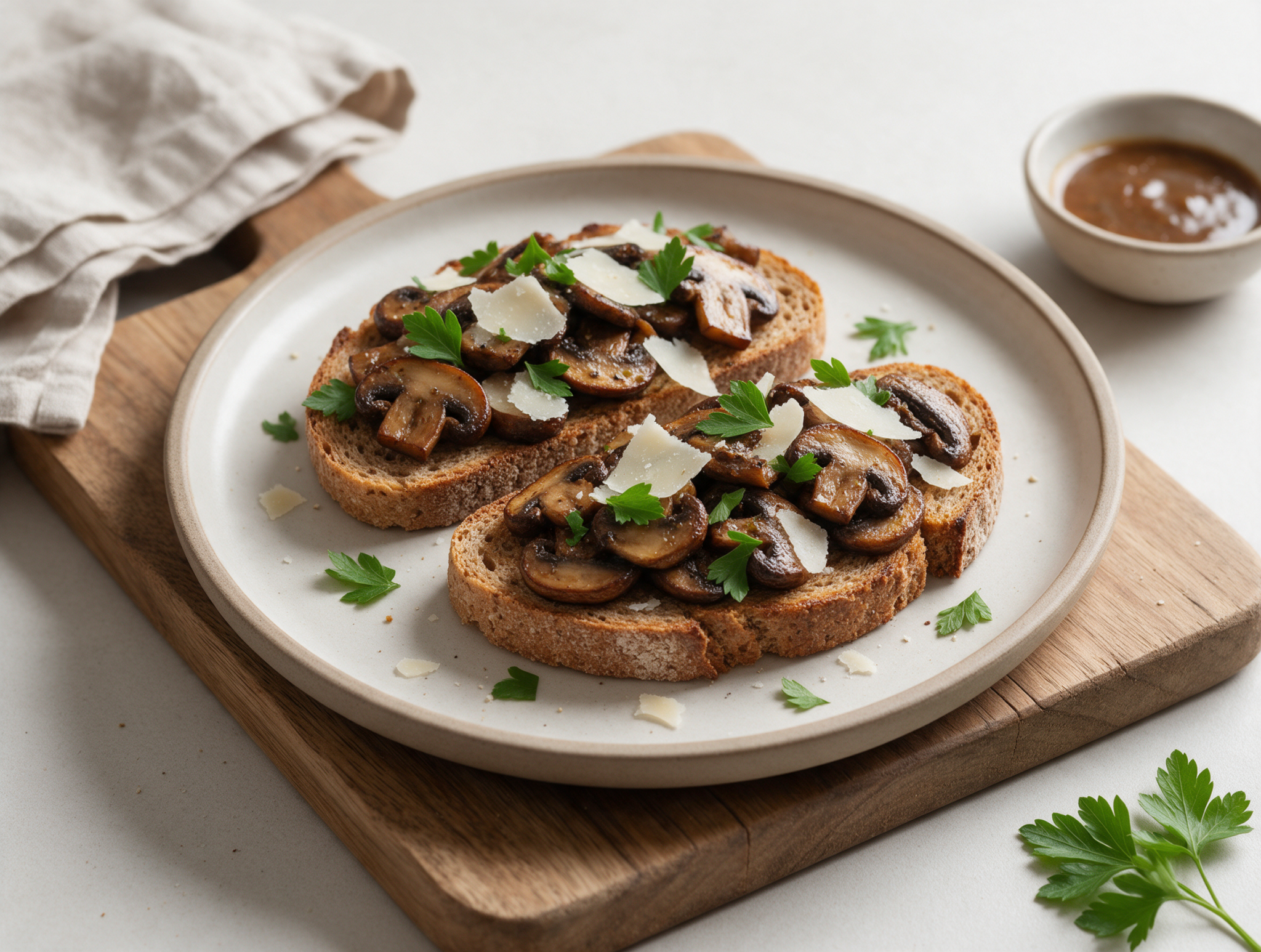 Toasted spelt bread slices topped with golden garlic mushrooms and shaved parmesan on a rustic wooden board.