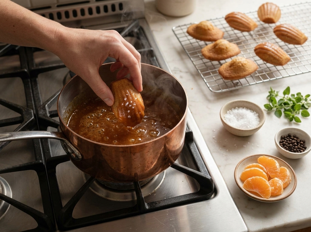 A hand dips a warm madeleine shell-side down into a saucepan of amber salted caramel next to a cooling rack