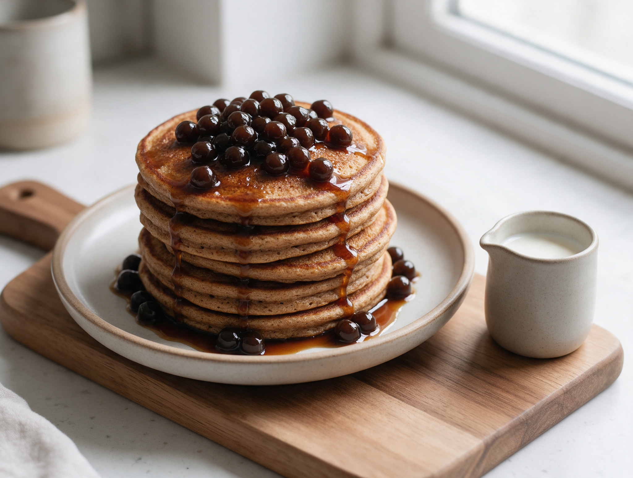 Stack of brown sugar spelt pancakes topped with glossy tapioca pearls and syrup on a rustic wooden board under soft light