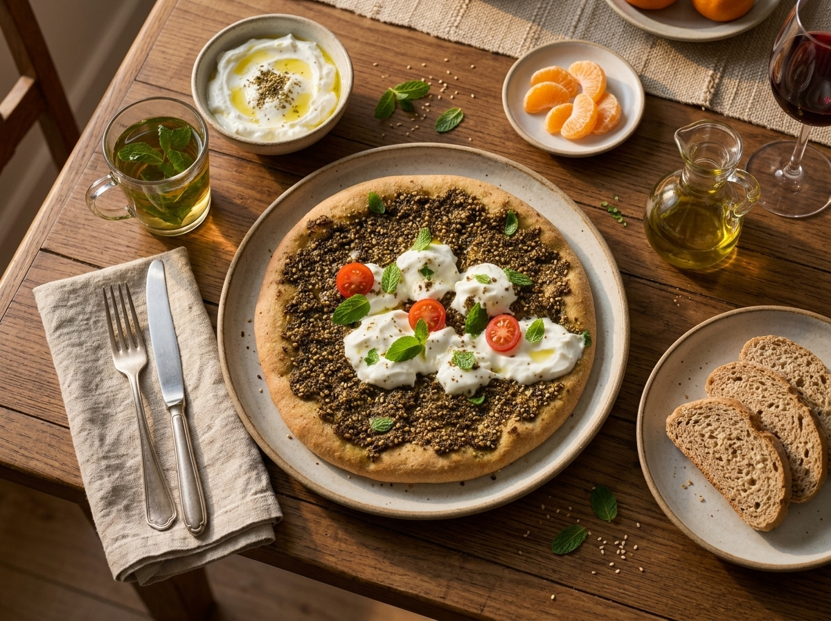 A woman tearing a warm manakish wedge at a rustic kitchen table set with olive oil and mint tea.