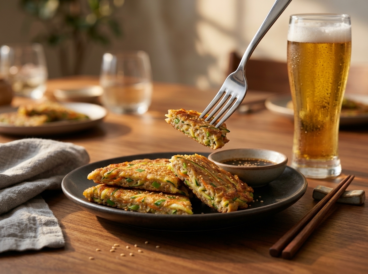 Two hands tearing a crisp pancake wedge at a wooden table set with chopsticks, rice bowls, and dipping sauce