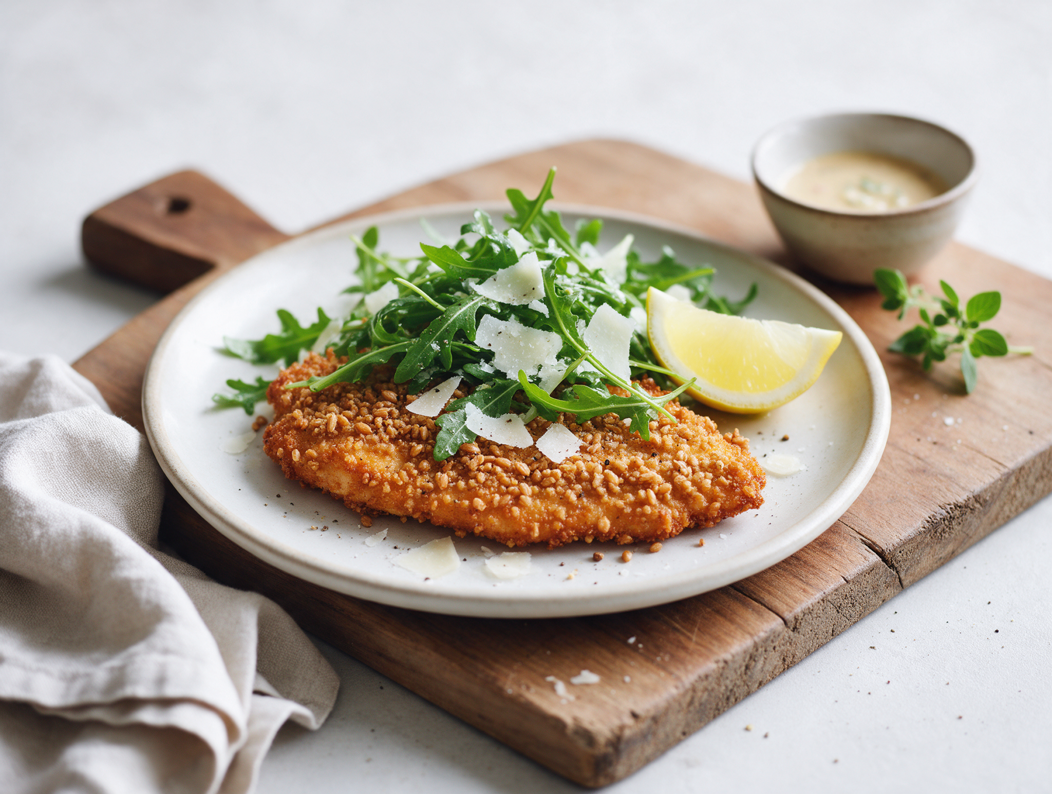 Golden spelt chicken Milanese topped with rocket leaves and shaved parmesan on a wooden board with a lemon wedge