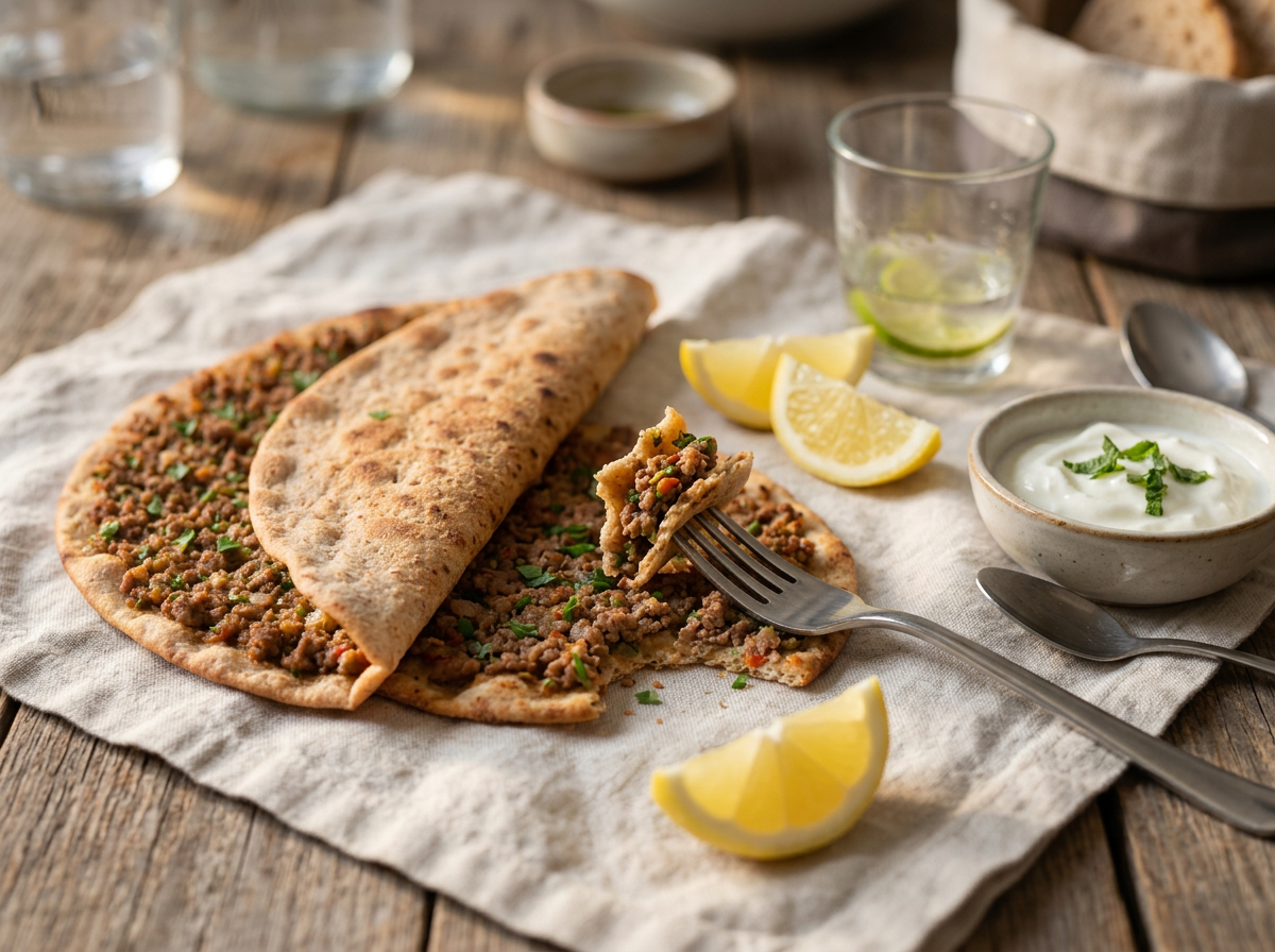 Two folded lahmacuns on a linen napkin with lemon wedges and a small bowl of yogurt, casual table setting.