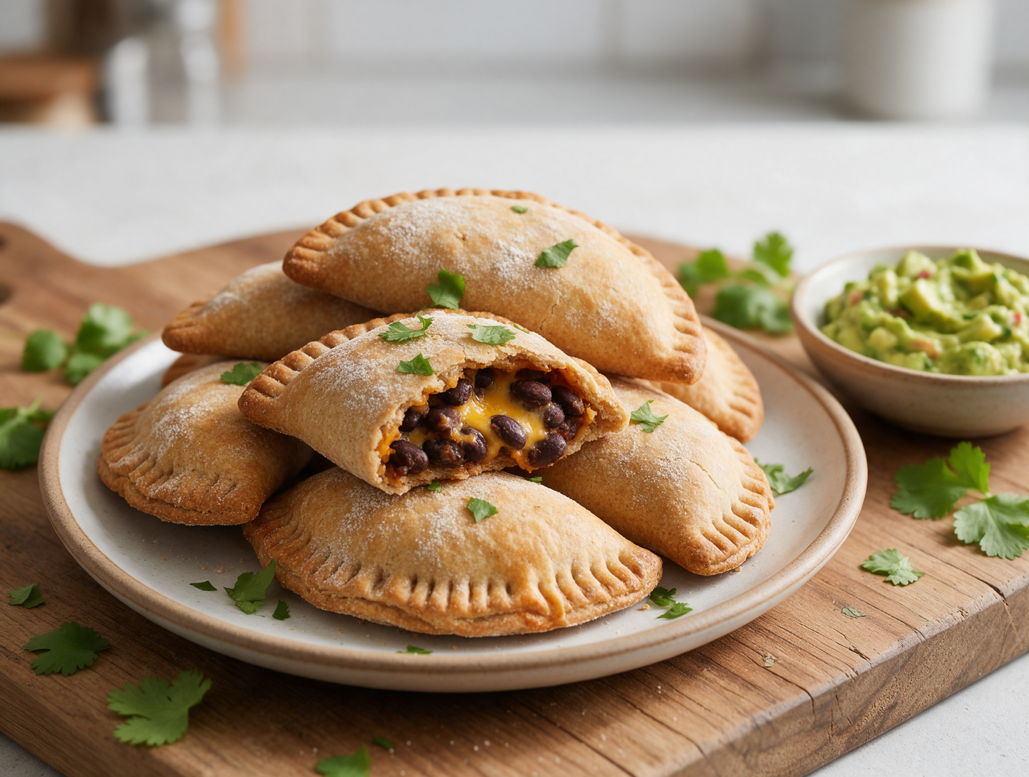 Golden baked spelt empanadas stacked on a wooden board, one cut open showing smoky black bean and cheddar filling