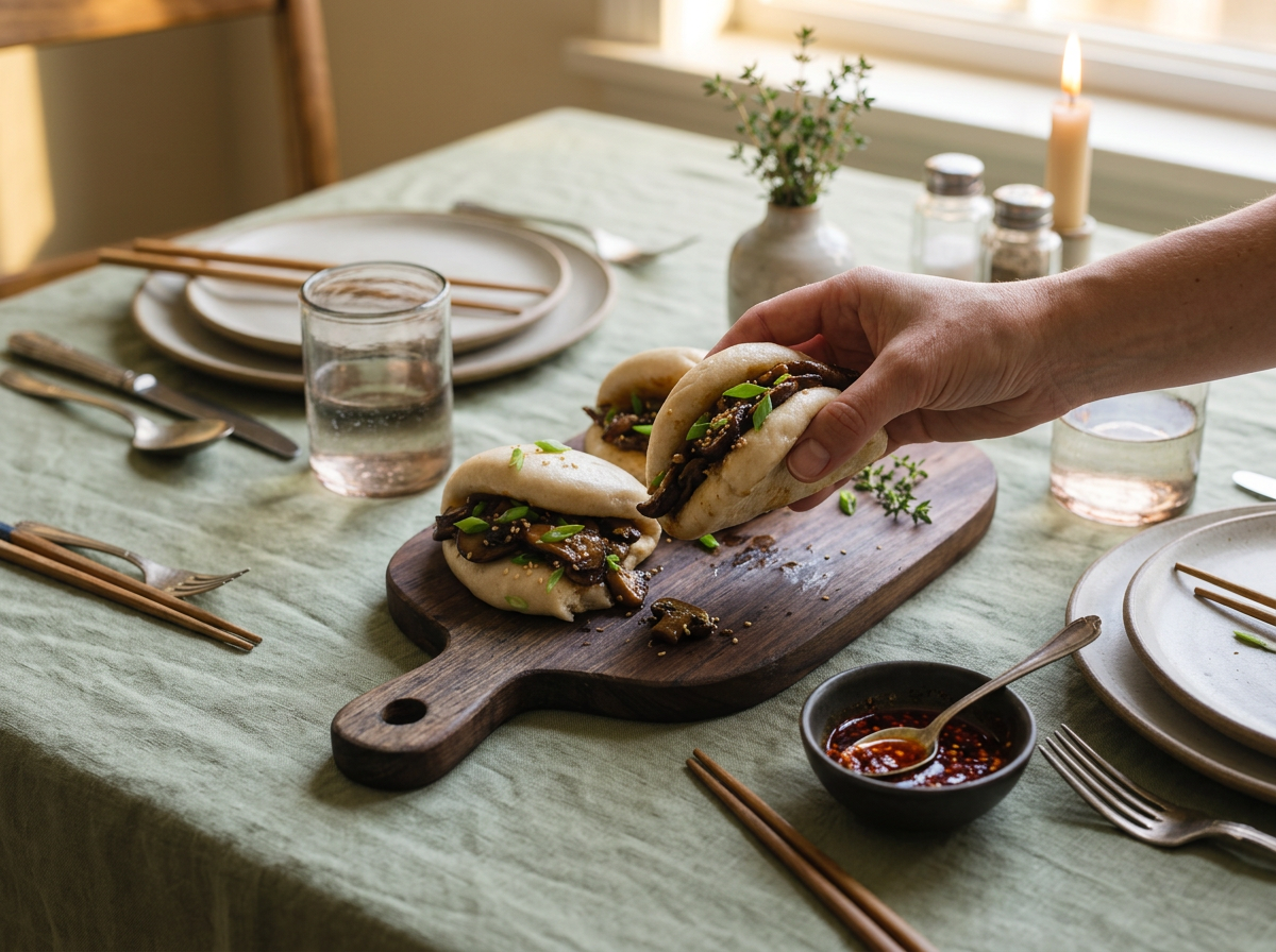 Hands lifting a warm spelt bao bun from a linen-lined table set with chopsticks and a small bowl of chili oil