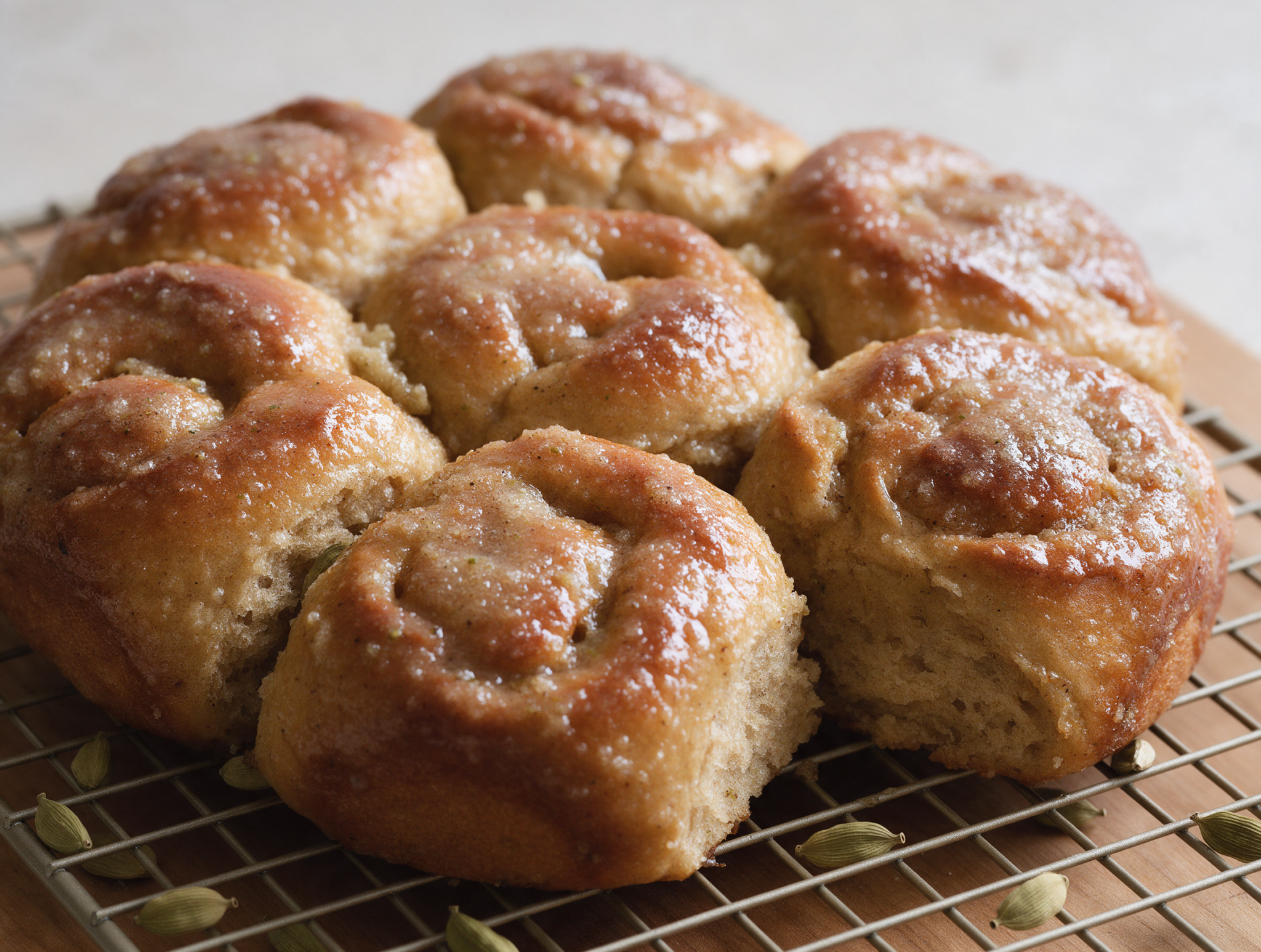 Golden Cardamom Spelt Morning Buns cooling on a wire rack with a glossy cardamom sugar coating and scattered cardamom pods.