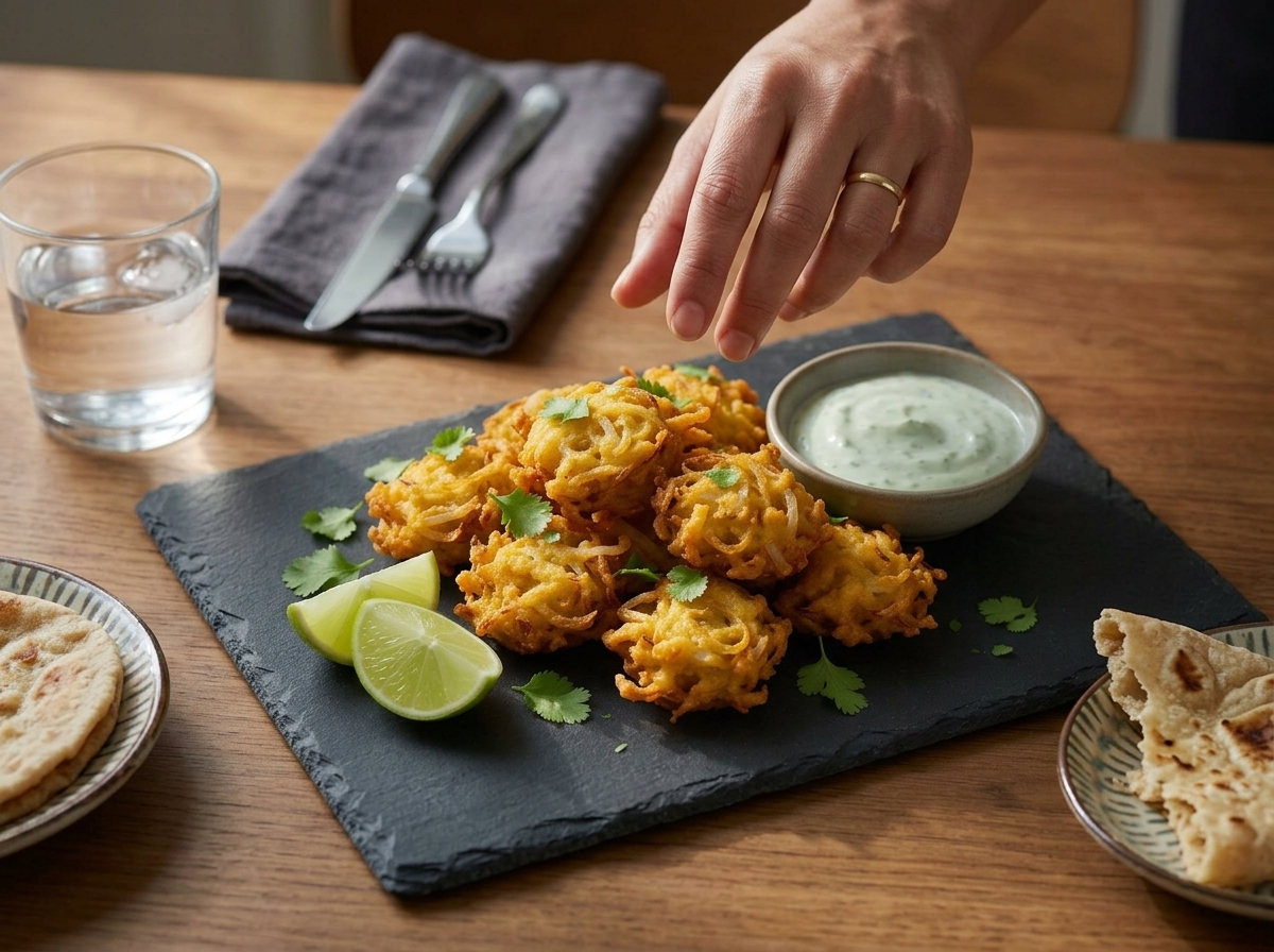A hand reaching for a crispy onion bhaji from a shared platter on a linen tablecloth beside a glass of chai.