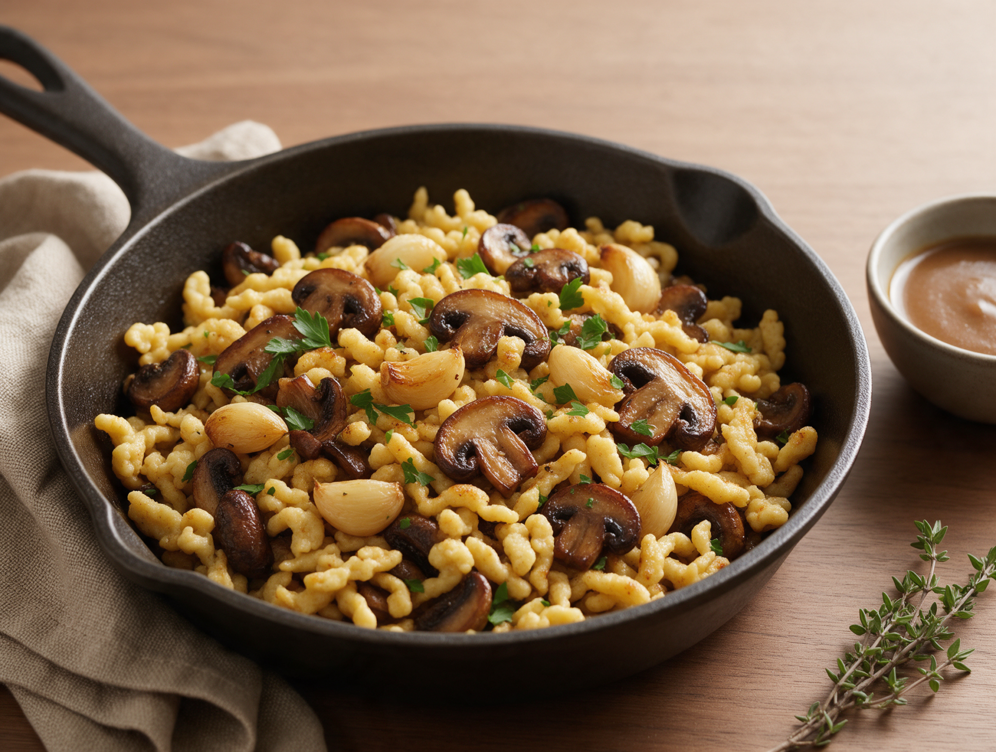 Top-down view of golden spaetzle tossed with browned mushrooms and roasted garlic cloves in a dark cast-iron skillet.