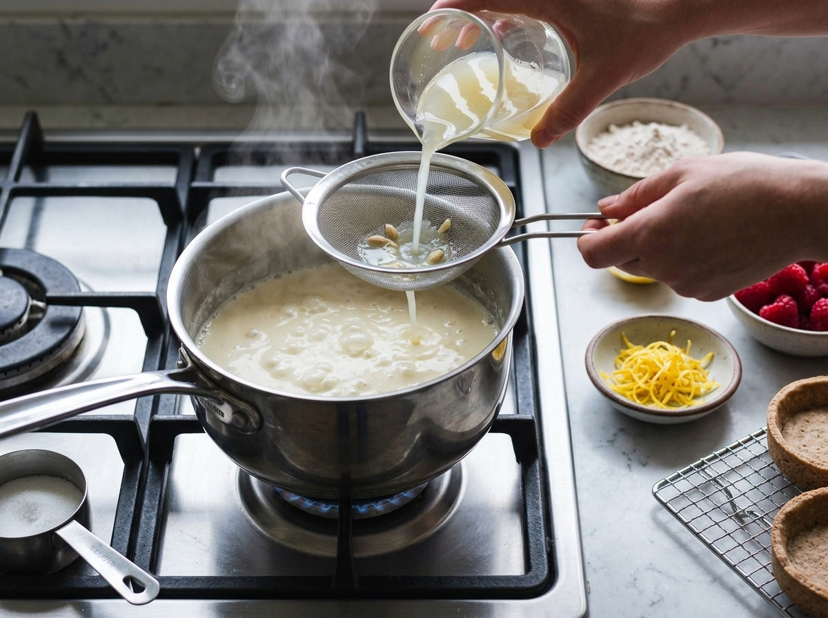 Cream and sugar simmering in a saucepan while lemon juice is strained through a sieve into the pan