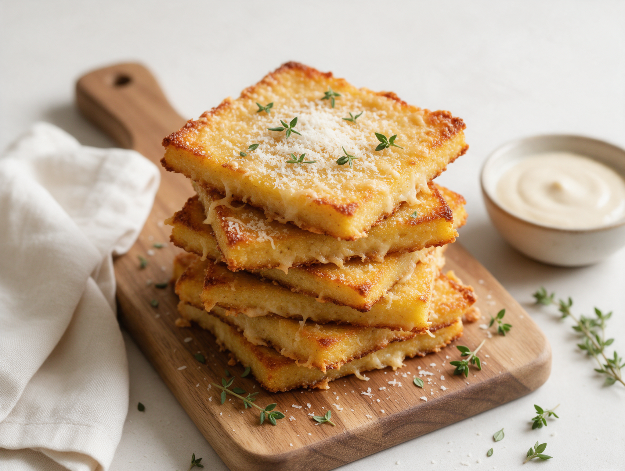 Golden baked spelt parmesan polenta squares stacked on a wooden board with melted cheese edges and fresh thyme.