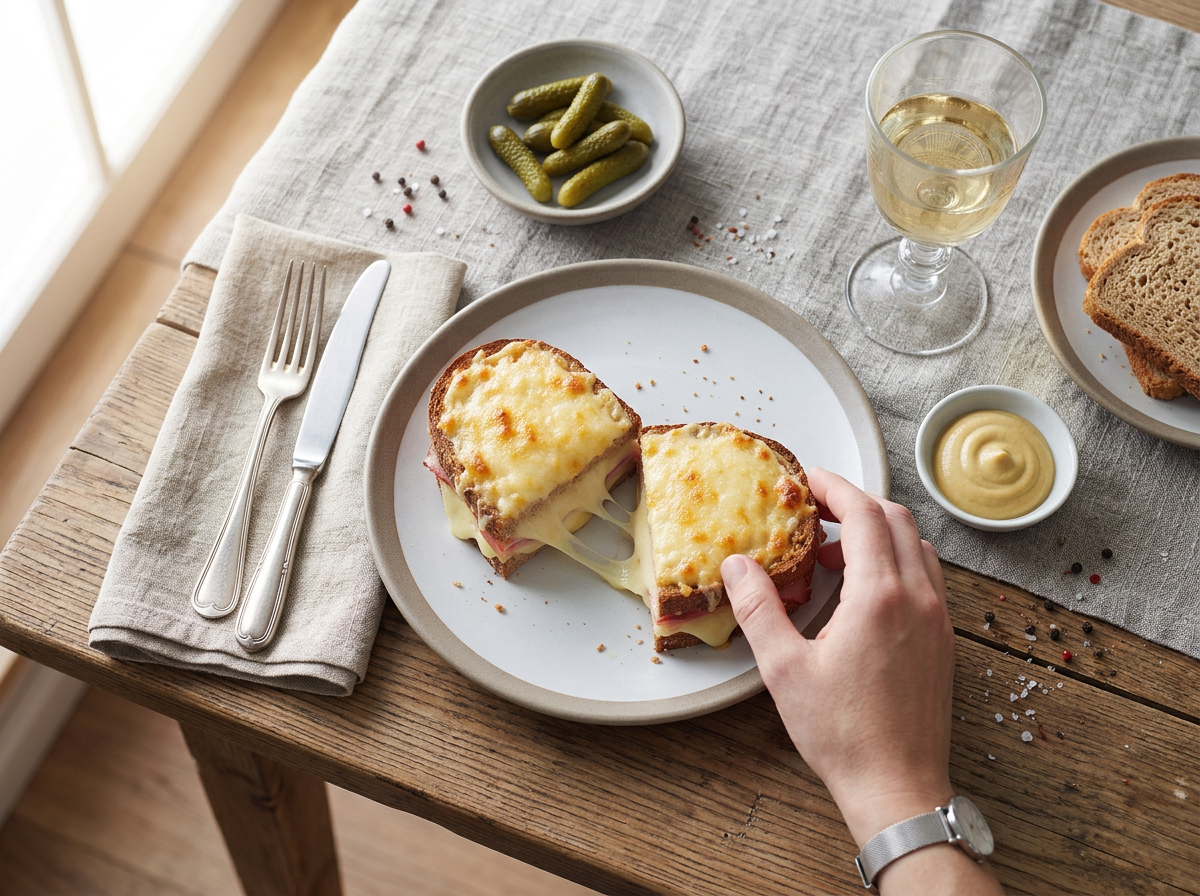 A hand lifting a warm slice of spelt croque monsieur at a lunch table set with linen napkins and cornichons.