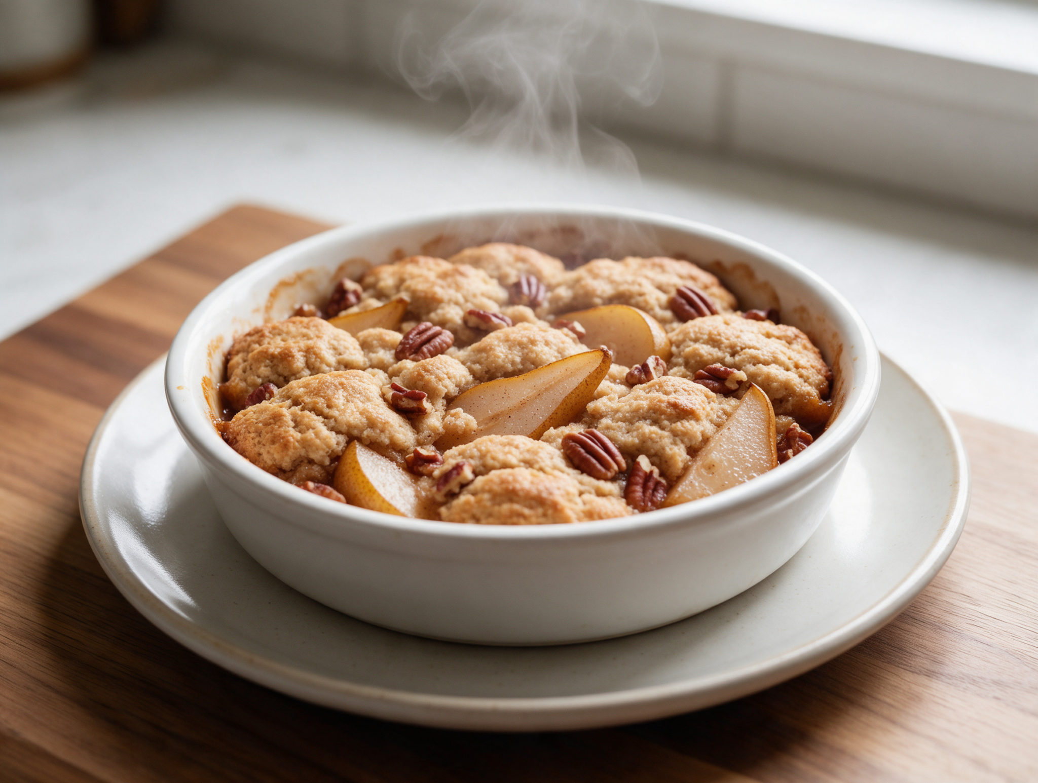 Golden spelt cobbler in a white baking dish with pear slices and pecans visible under a cracked biscuit crust