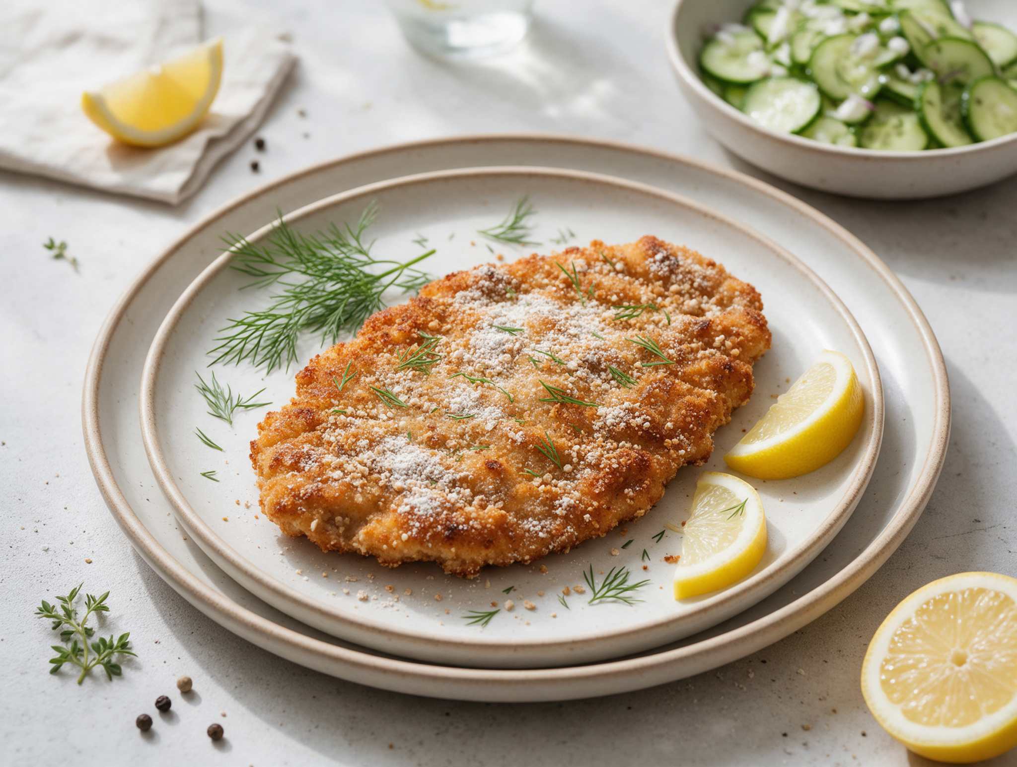 Golden pan-fried spelt chicken schnitzel on a wooden board with lemon wedges and a scattering of fresh dill