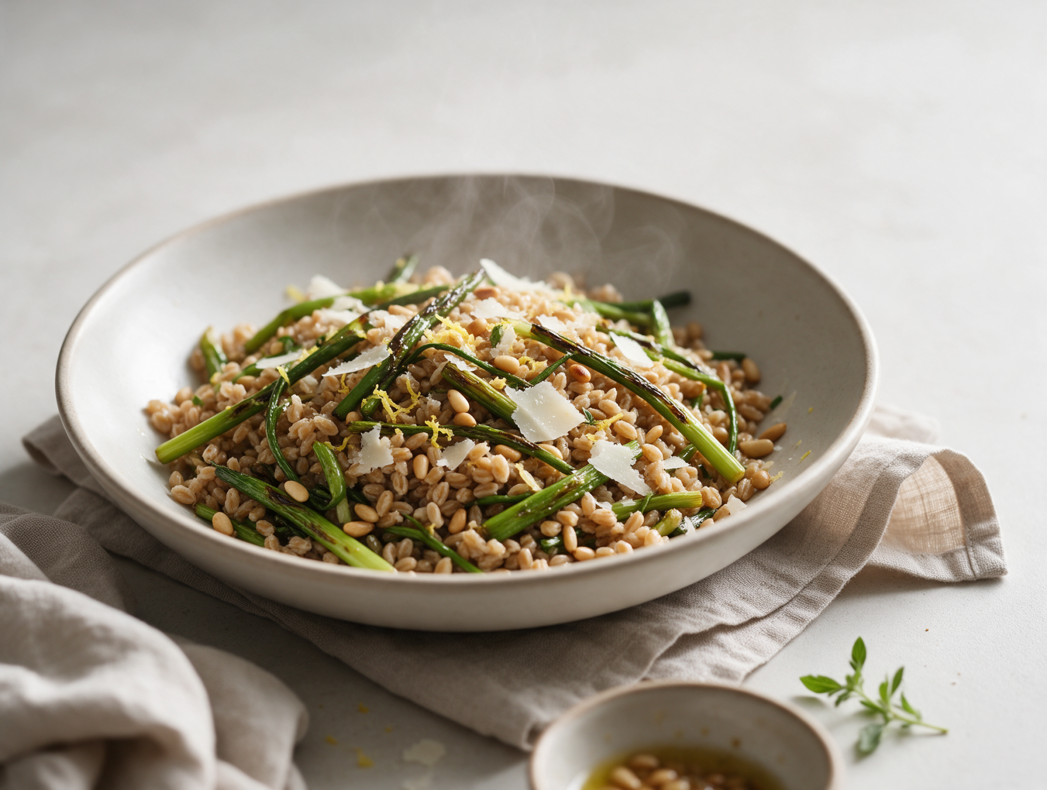 Overhead view of spelt pasta twirled with charred garlic scapes, lemon zest flecks, and toasted pine nuts on a stone plate.
