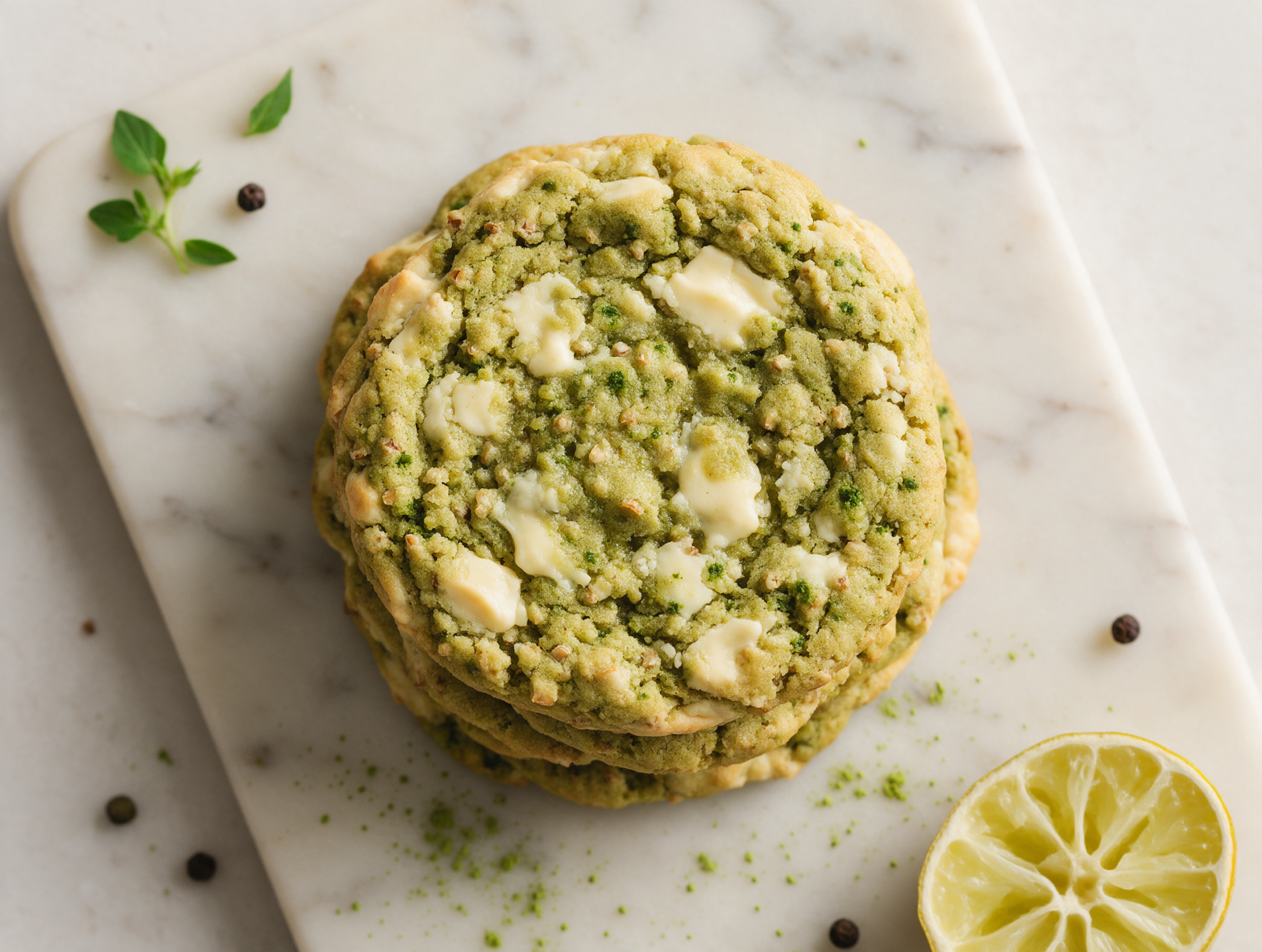Stack of spelt matcha white chocolate cookies on a marble board, green-flecked crumb and melted chocolate chunks visible.
