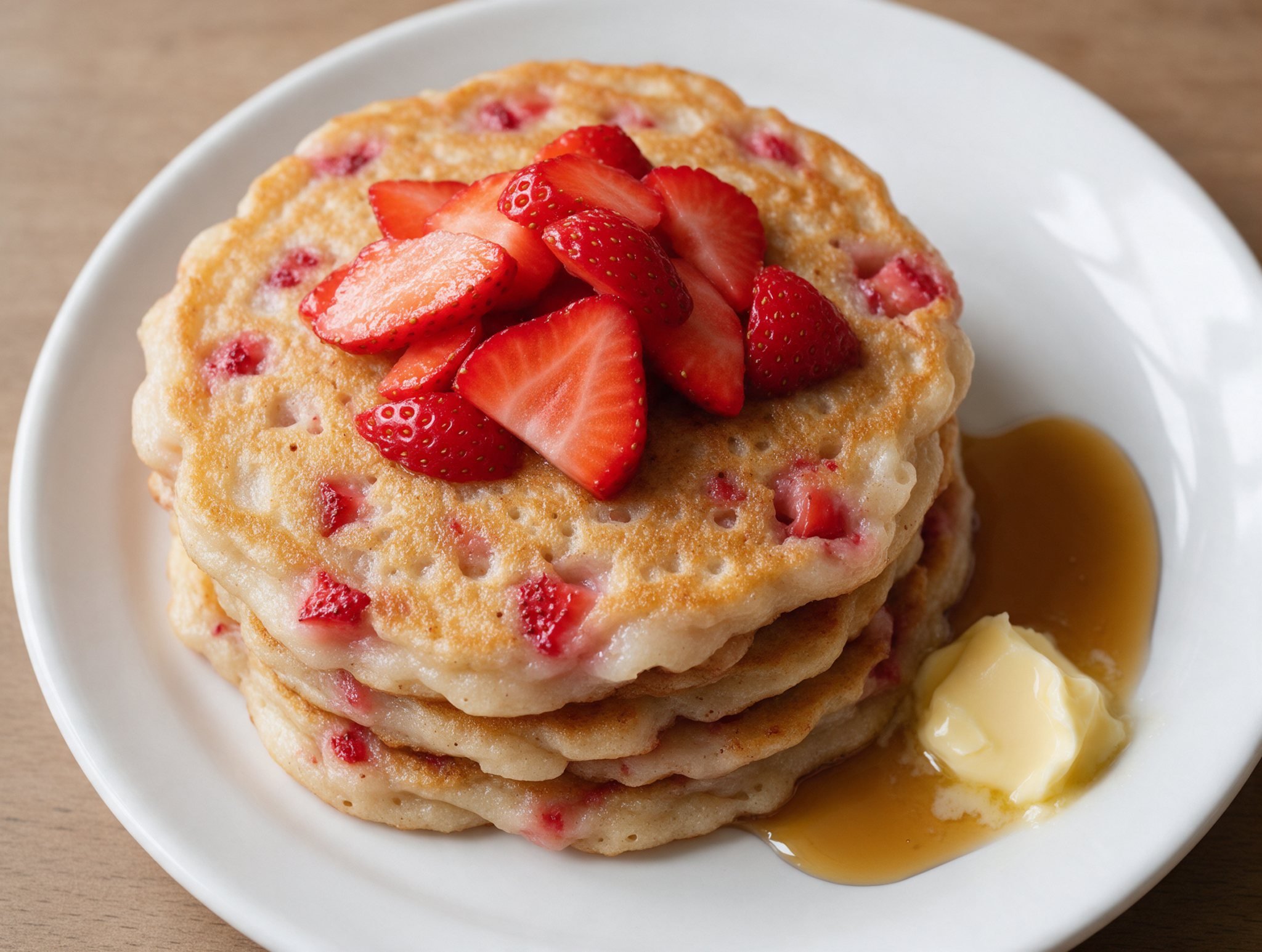 Stack of chewy spelt strawberry mochi pancakes topped with sliced strawberries and maple syrup on a white plate