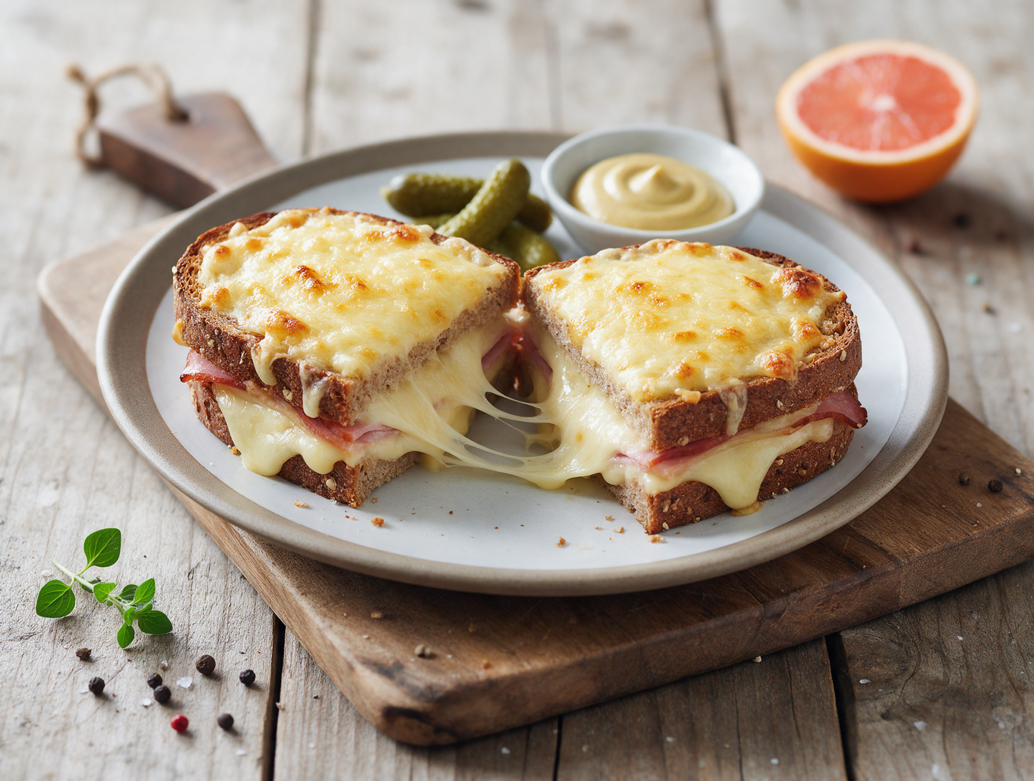 Overhead shot of a golden spelt croque monsieur sliced diagonally, melted Gruyère pulling from the layers on a wood board.