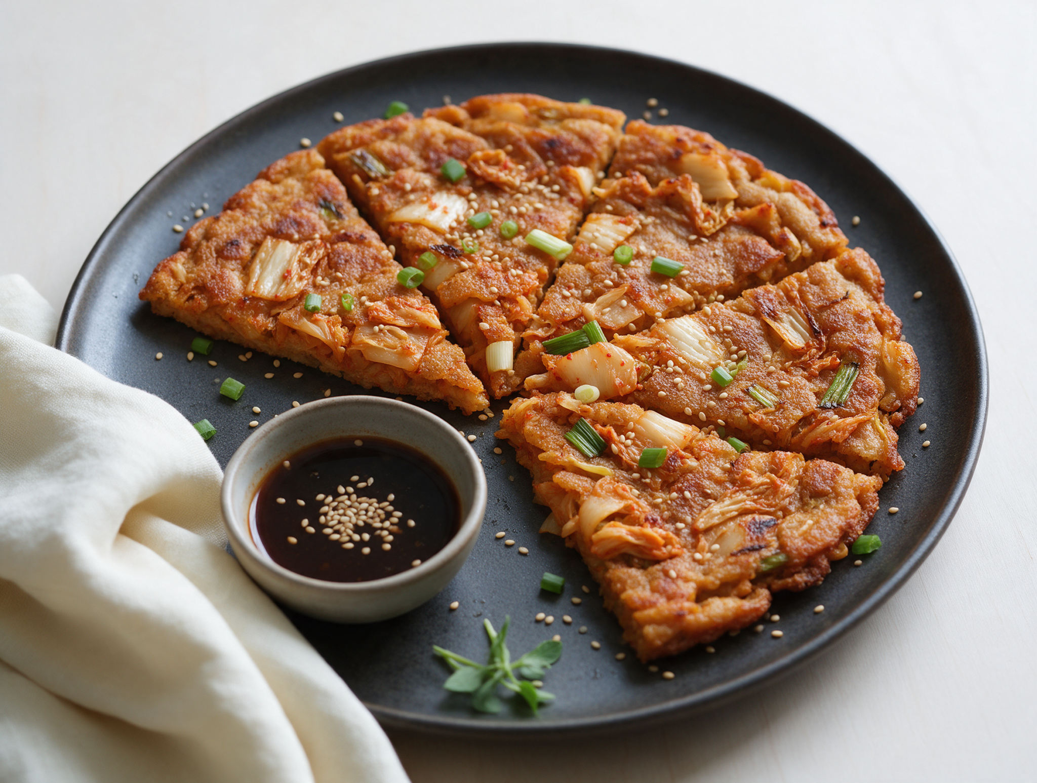 Golden spelt kimchi pancake cut into wedges on a dark plate with a small bowl of soy dipping sauce and scattered sesame seeds