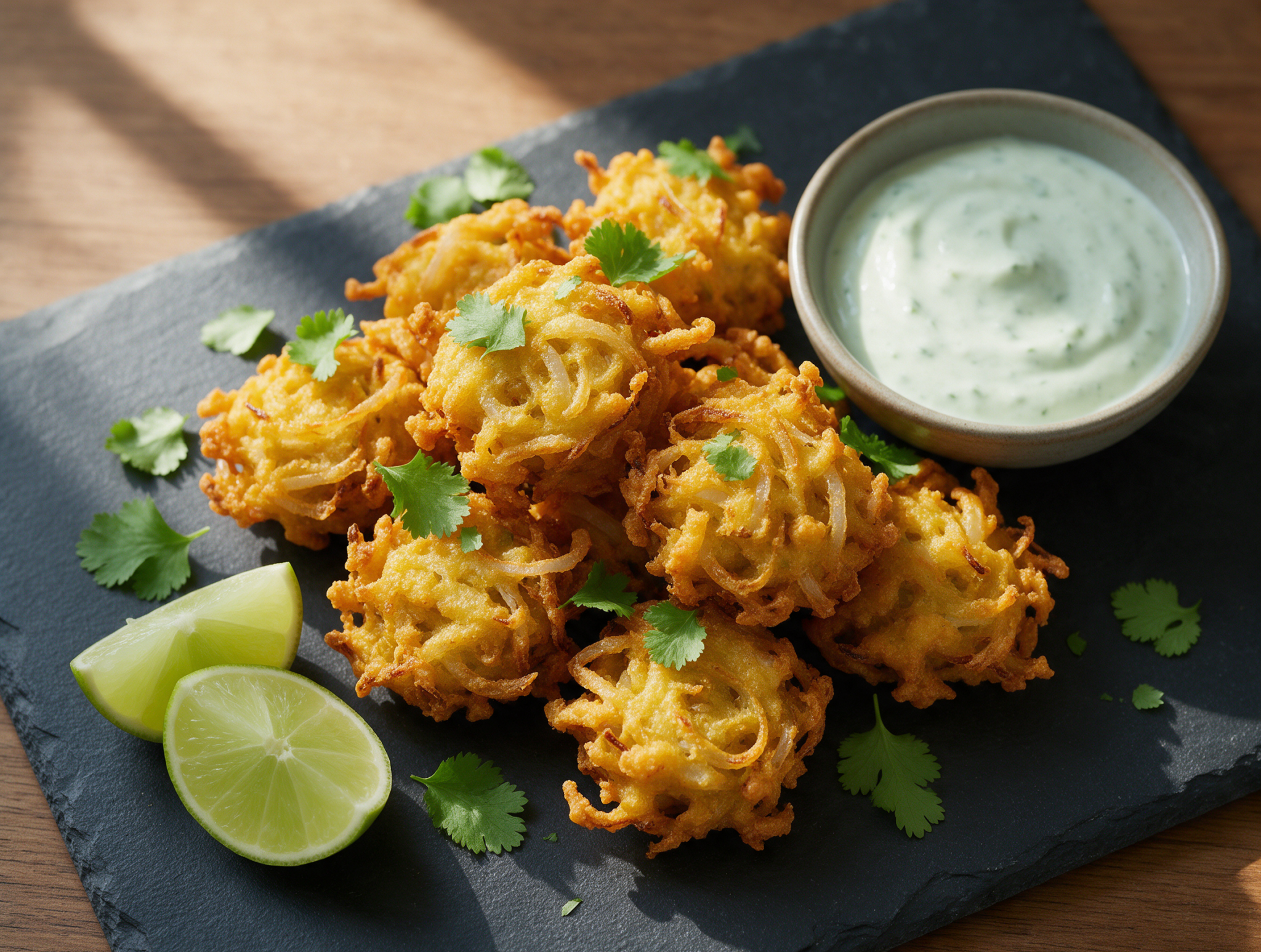 Golden crispy spelt onion bhajis stacked on a dark slate board with mint yogurt dip and lime wedges alongside.