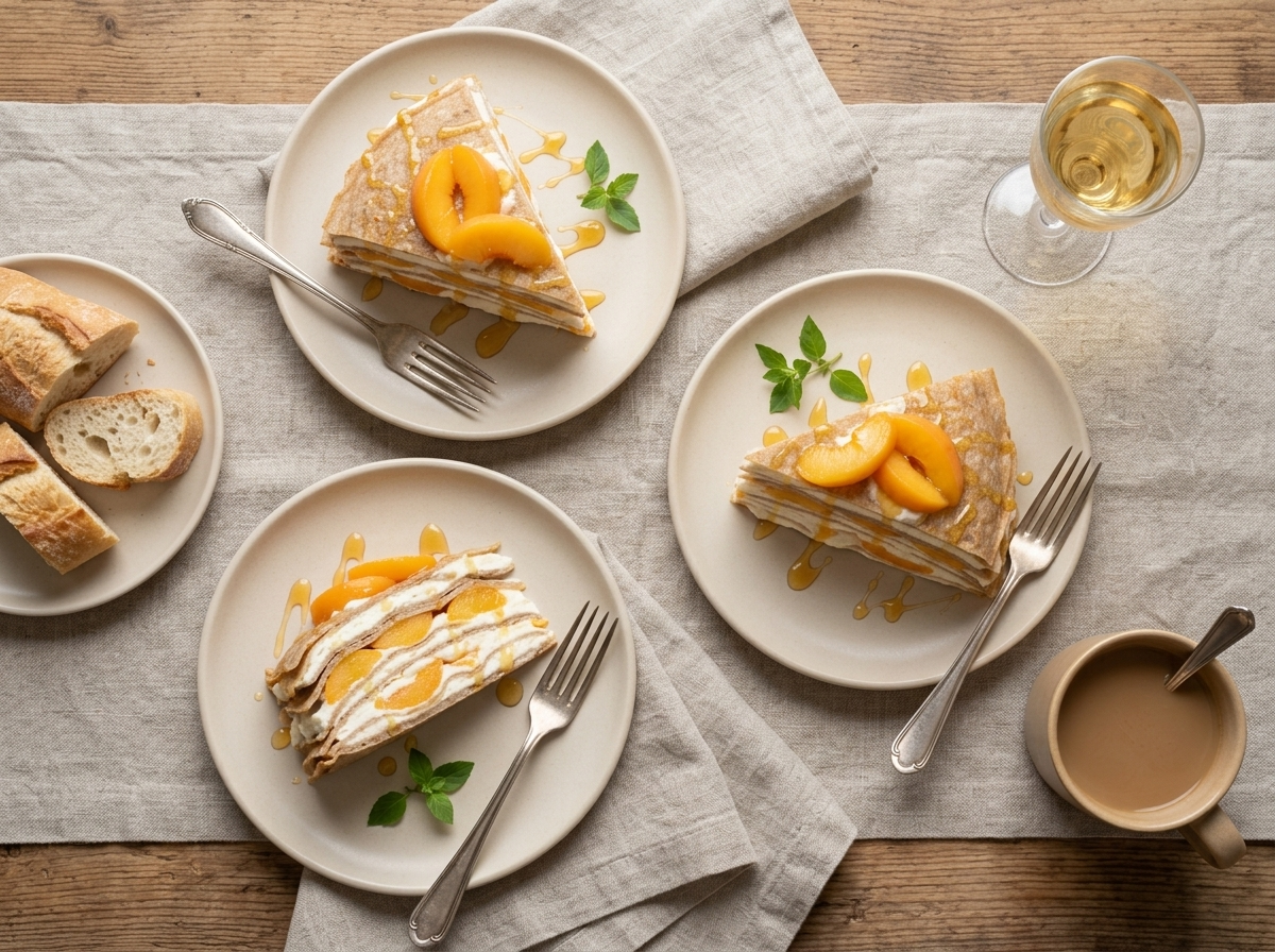 Two plated slices of peach mascarpone crêpe cake on linen napkins beside coffee and a glass of Moscato.