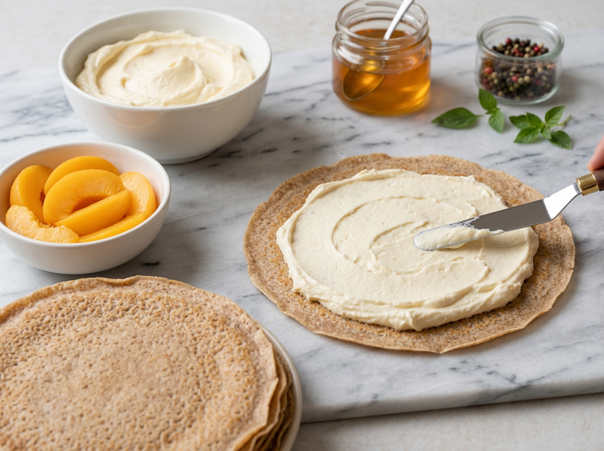 Hand spreading whipped mascarpone cream over a warm spelt crêpe with sliced peaches and stacked crêpes on the counter.
