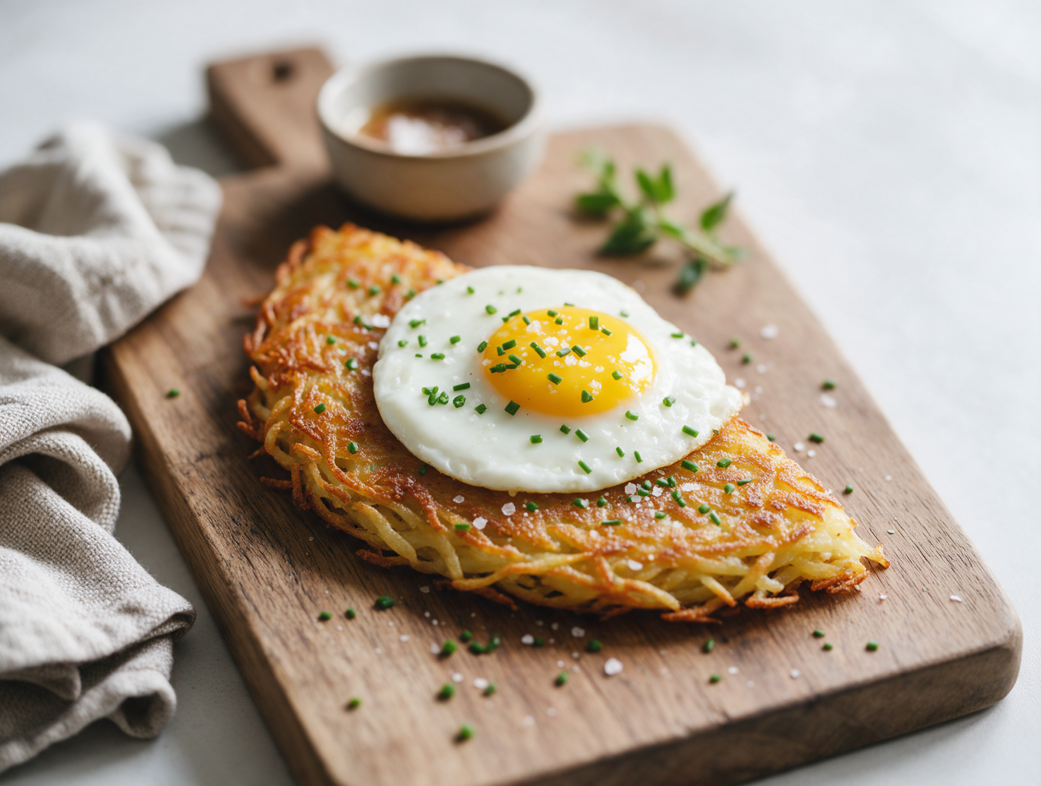 Golden spelt potato rösti wedge topped with a runny fried egg, served on a rustic wooden board.