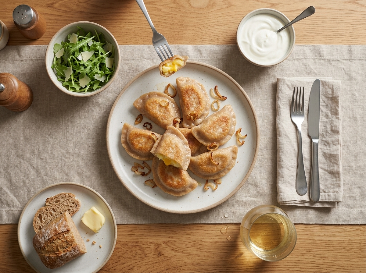 A linen-covered table with a plate of spelt pierogi, a glass of white wine, and a fork mid-bite in warm light.