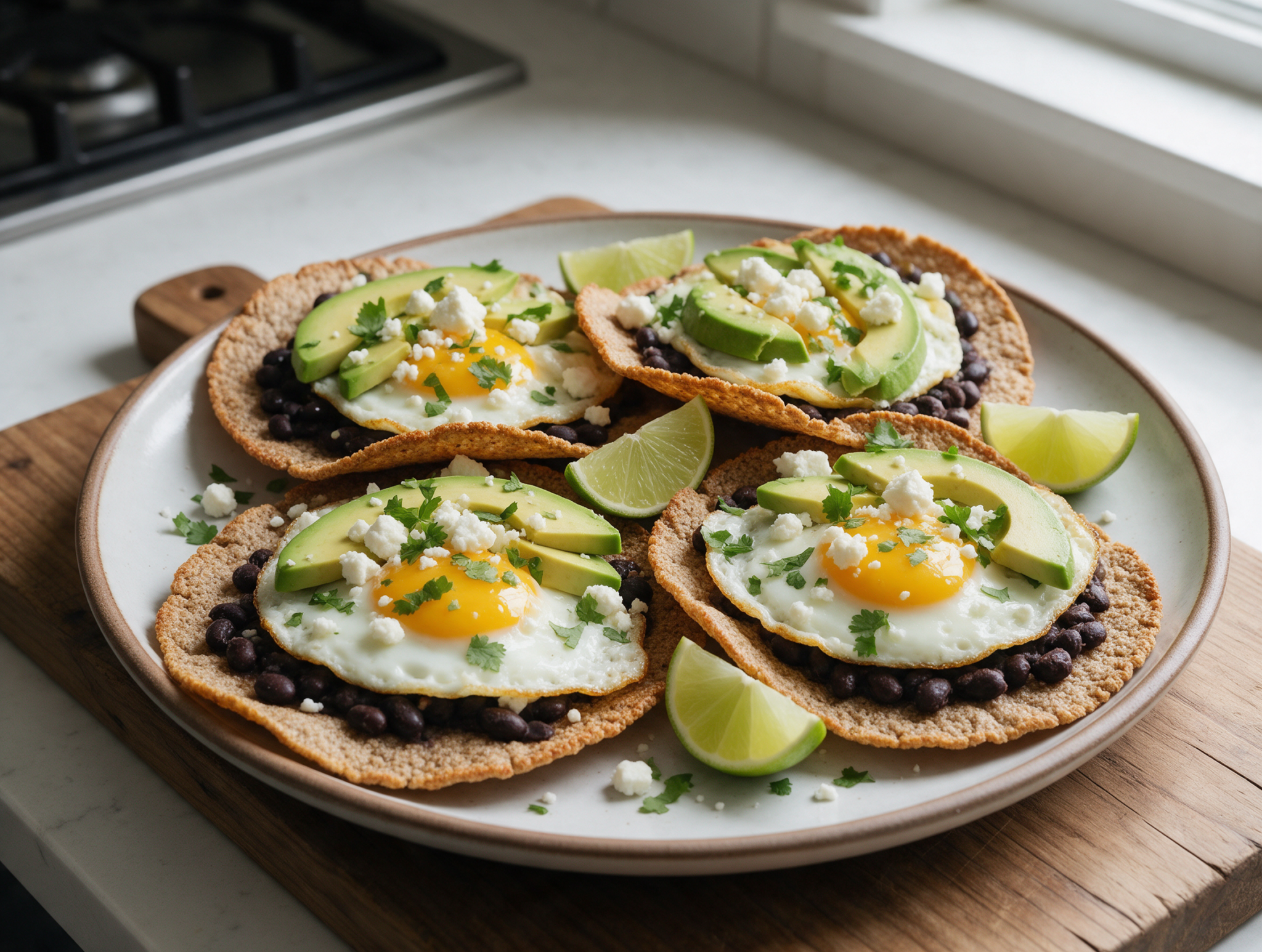 Overhead shot of crispy spelt tostadas topped with fried eggs, avocado slices and crumbled feta on a wooden board.