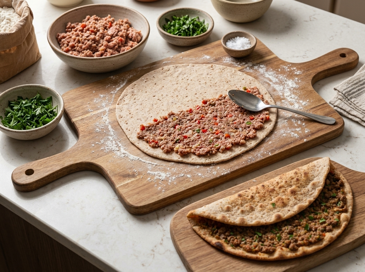 Hands spreading a thin layer of spiced ground lamb over rolled spelt dough on a floured countertop before baking.