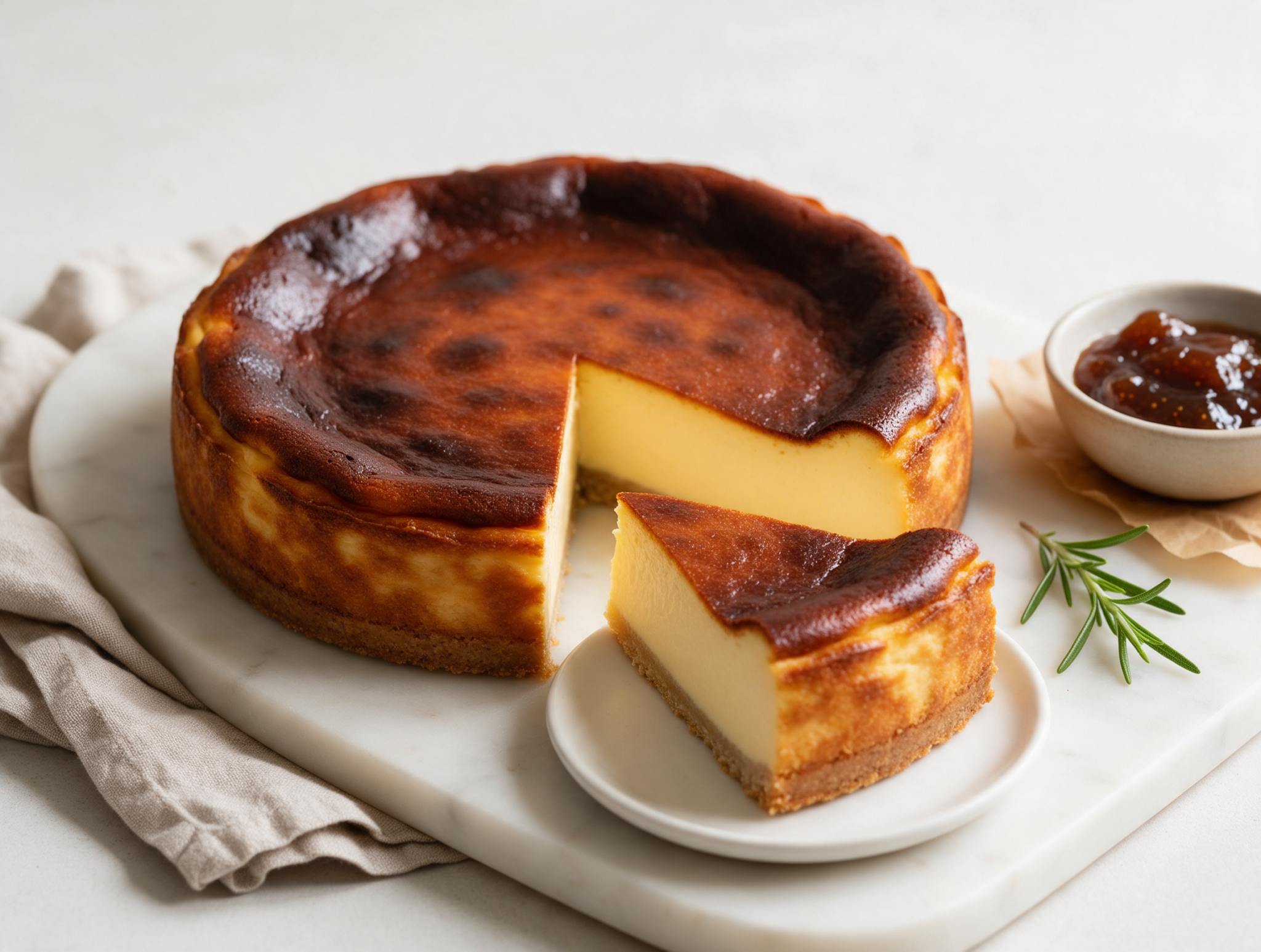 Sliced burnt Basque cheesecake on marble, showing amber top, creamy center, and golden spelt crust edge.