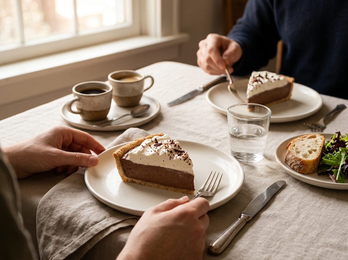 Hands reaching for a plated slice of chocolate mousse pie beside two espresso cups and a folded linen napkin.