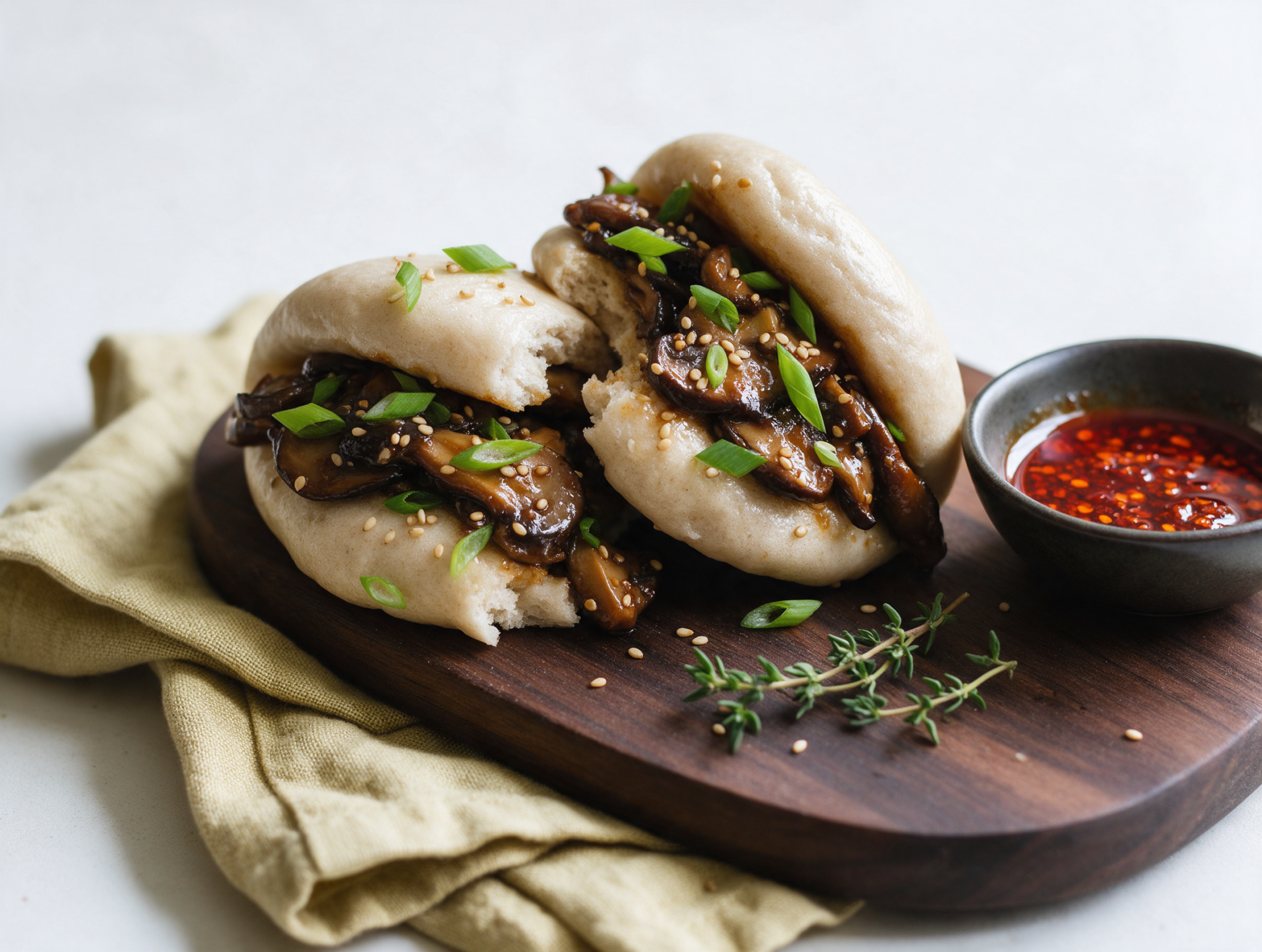 Steamed spelt bao buns split open and filled with glossy sticky mushrooms, scallions and sesame seeds on a dark wooden board