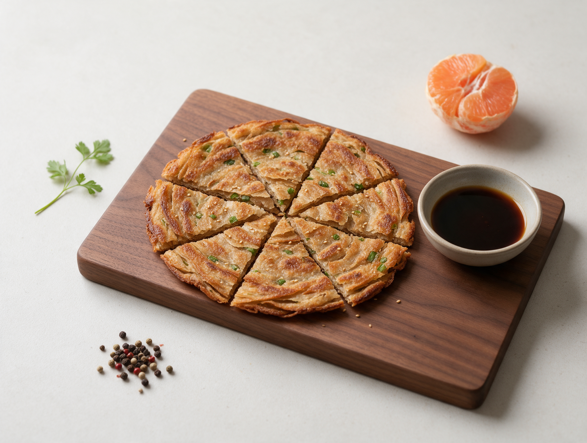 Golden pan-fried spelt scallion pancake cut into wedges on a dark wood board, steam rising, sesame dipping sauce alongside.