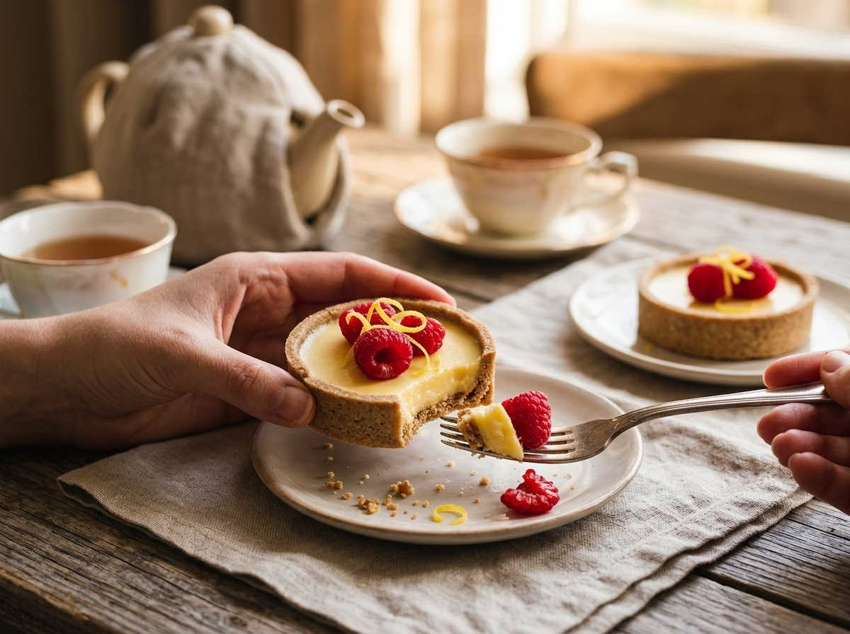 A hand lifting a lemon posset tartlet from a table set with linen napkin and a pot of tea in soft light